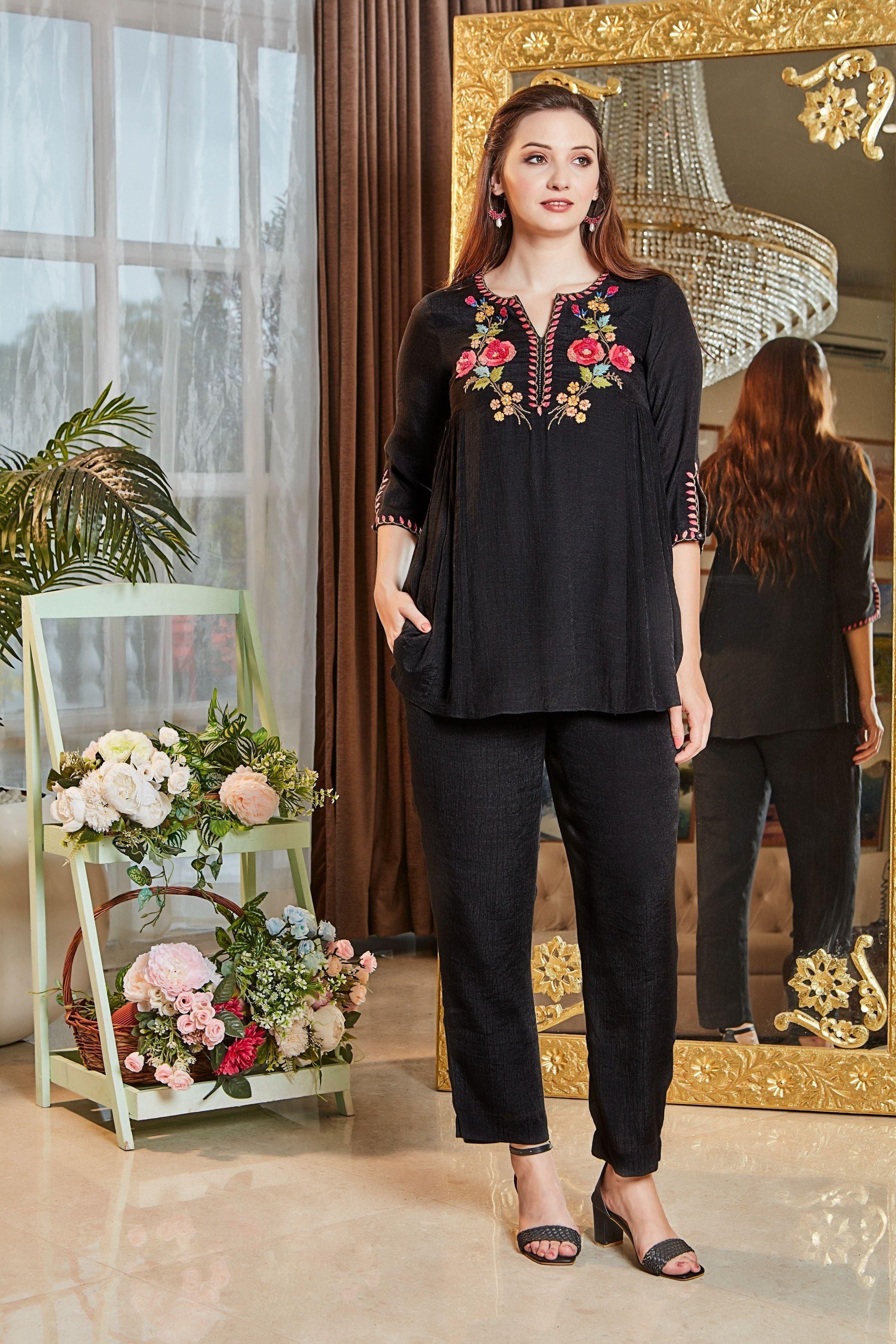 Sophisticated Black Floral Embroidered Co-ord Set  Mokshaa