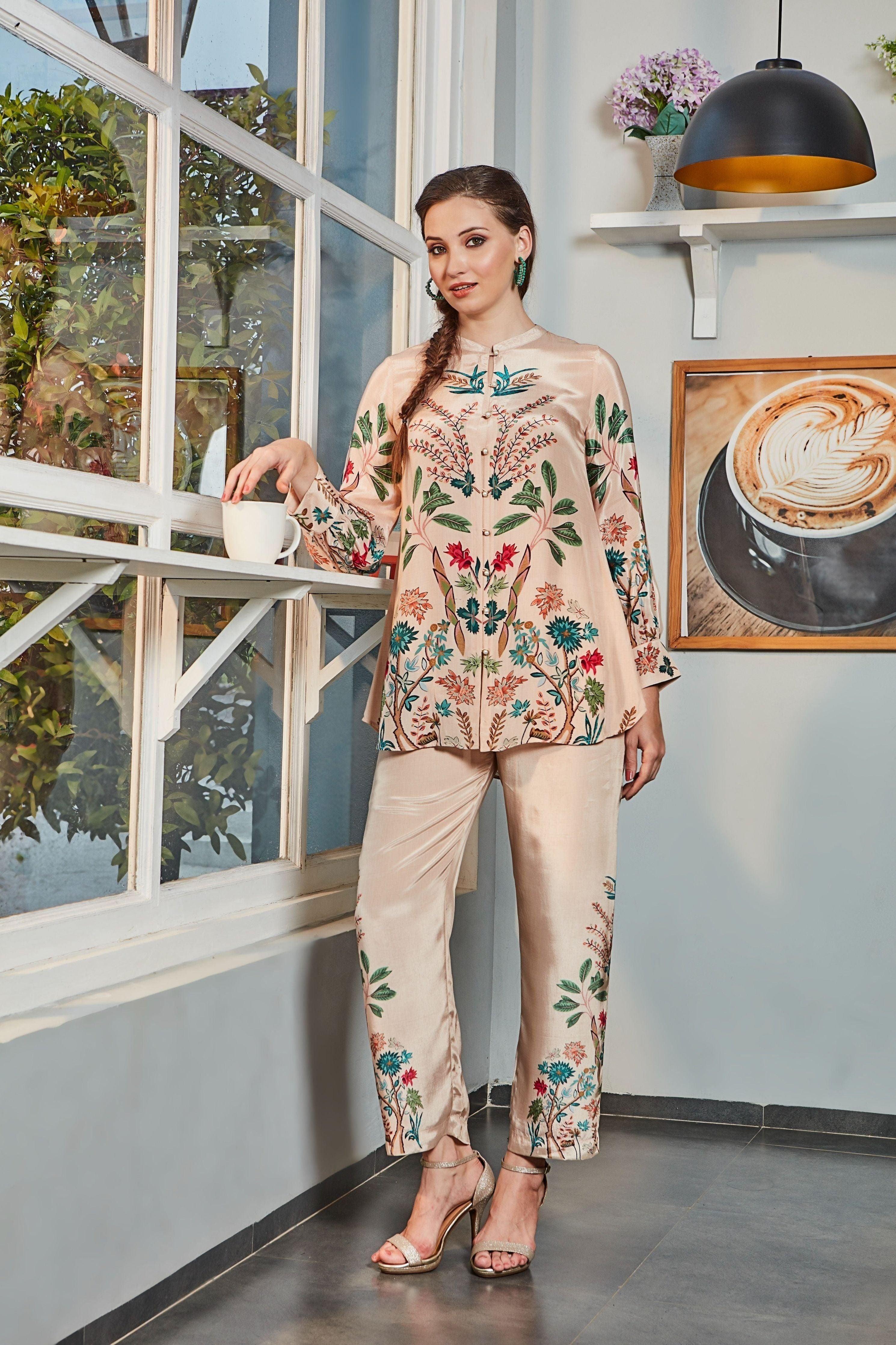Elegant Beige Floral Printed Co-ord Set  Mokshaa