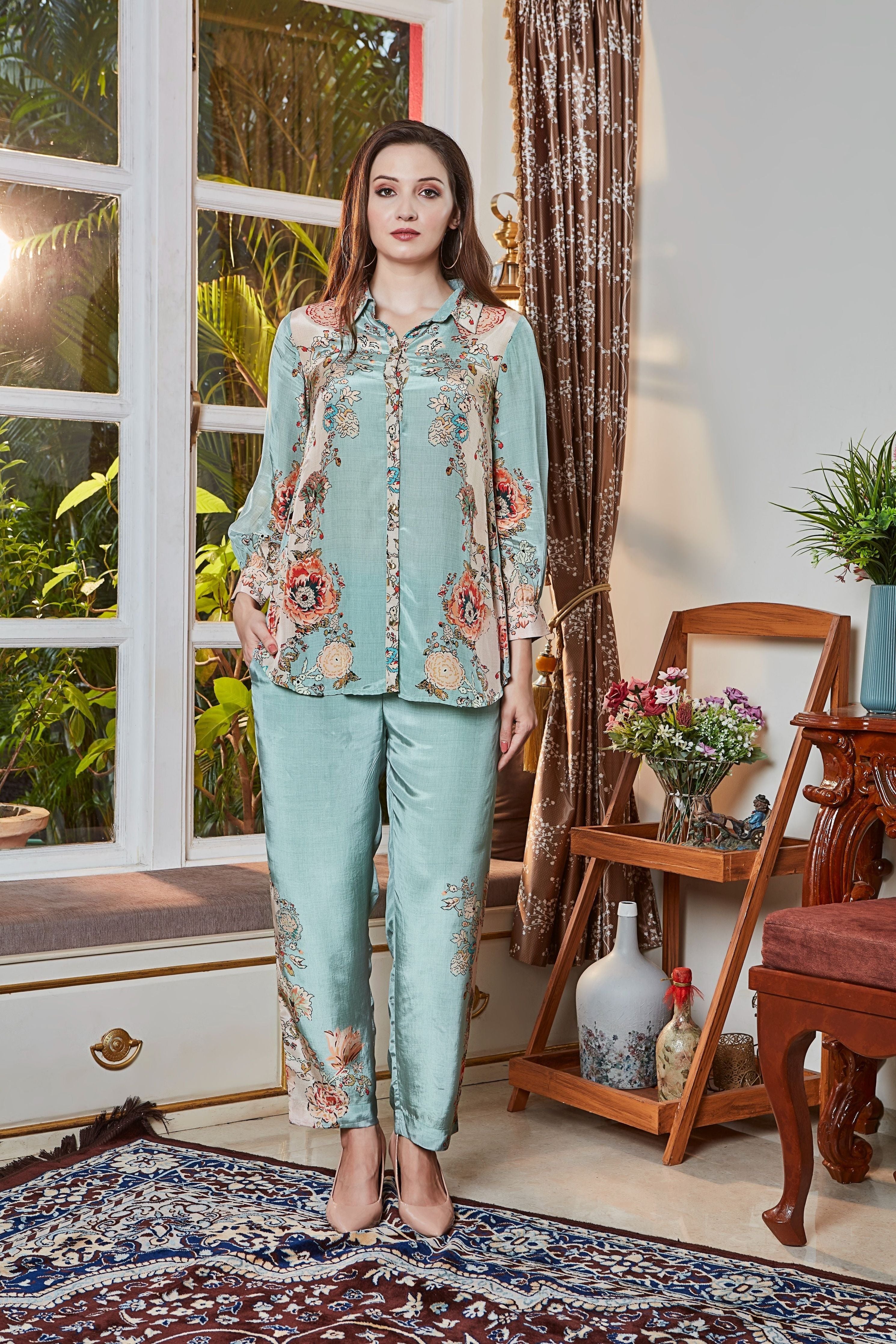 Elegant Light Teal Floral Printed Set Mokshaa