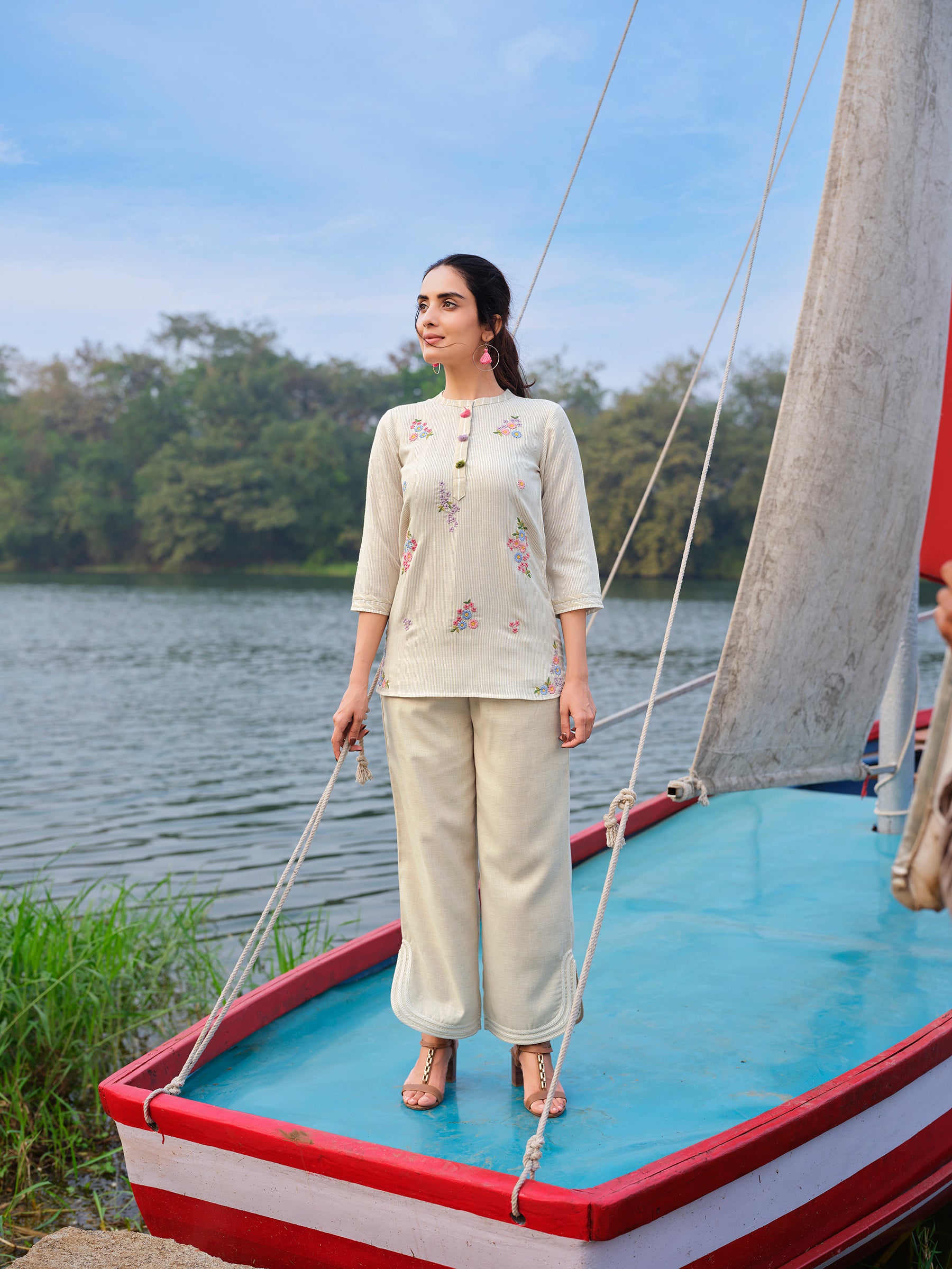 Beige Embroidered Co-ord Set