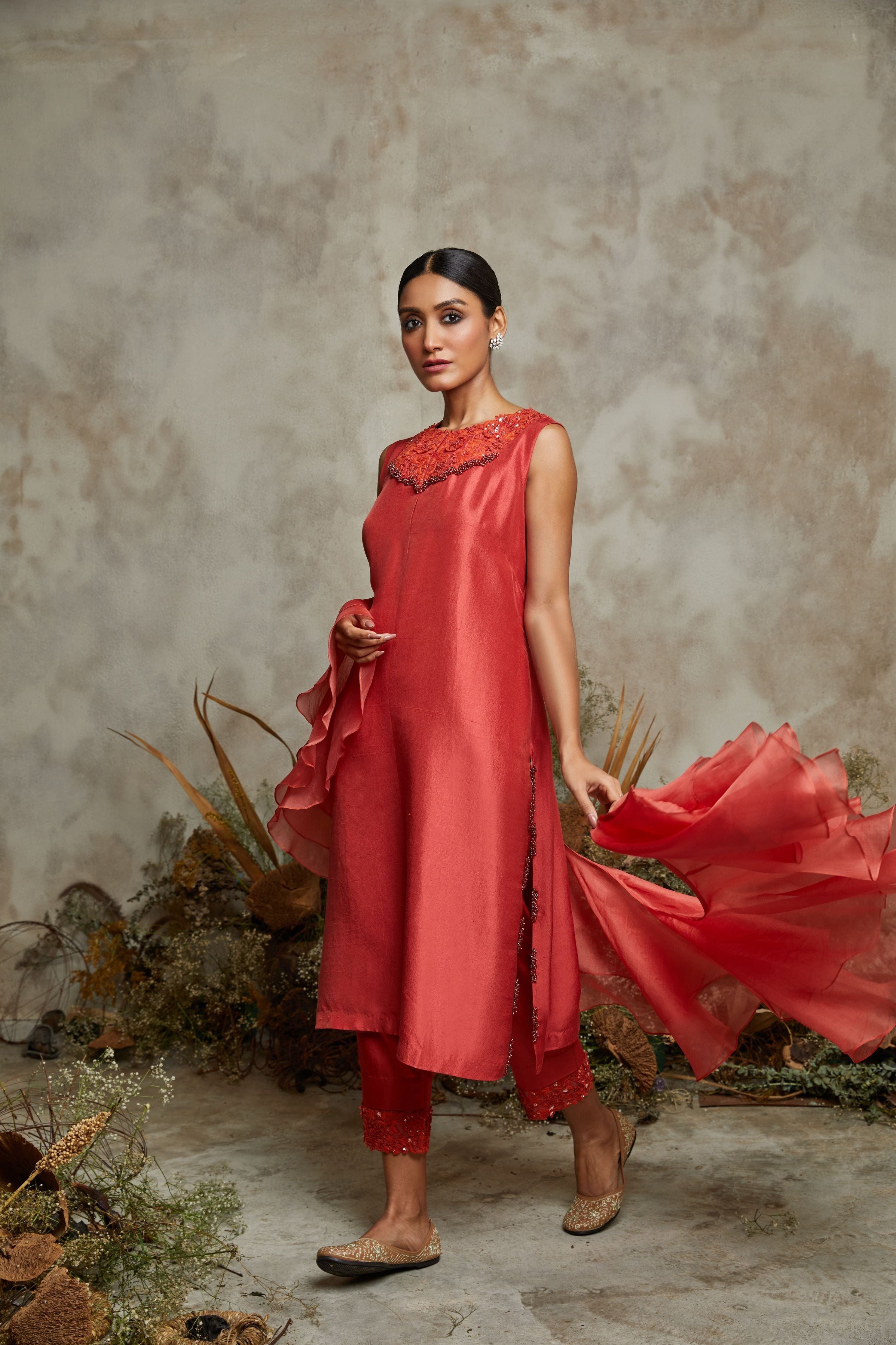 Burnt orange silk kurta with cotton satin pants and organza ruffle dupatta Mokshaa