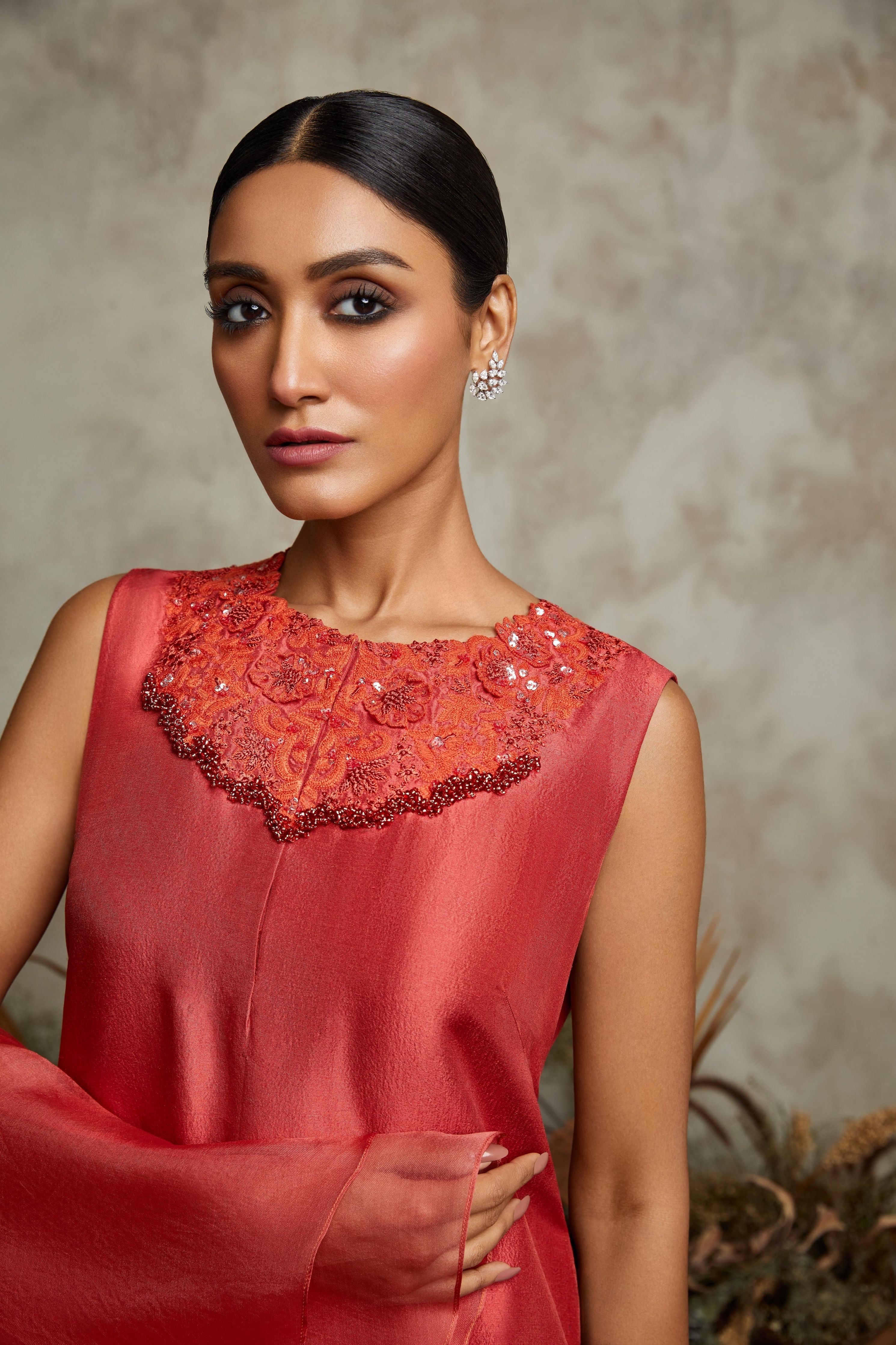 Burnt orange silk kurta with cotton satin pants and organza ruffle dupatta Mokshaa