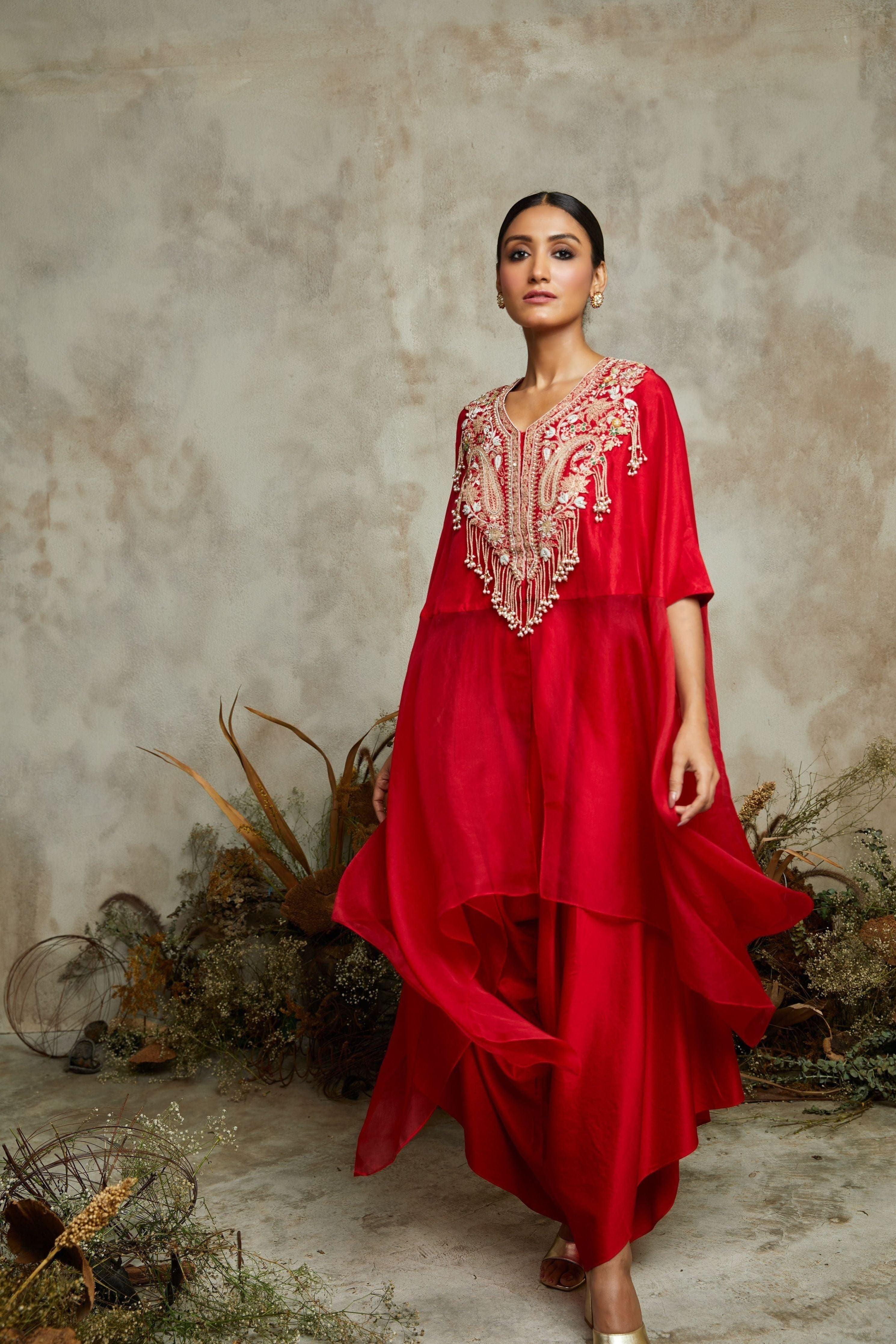 Blood red organza and silk kaftaan with silk bustier and cotton satin pants Mokshaa