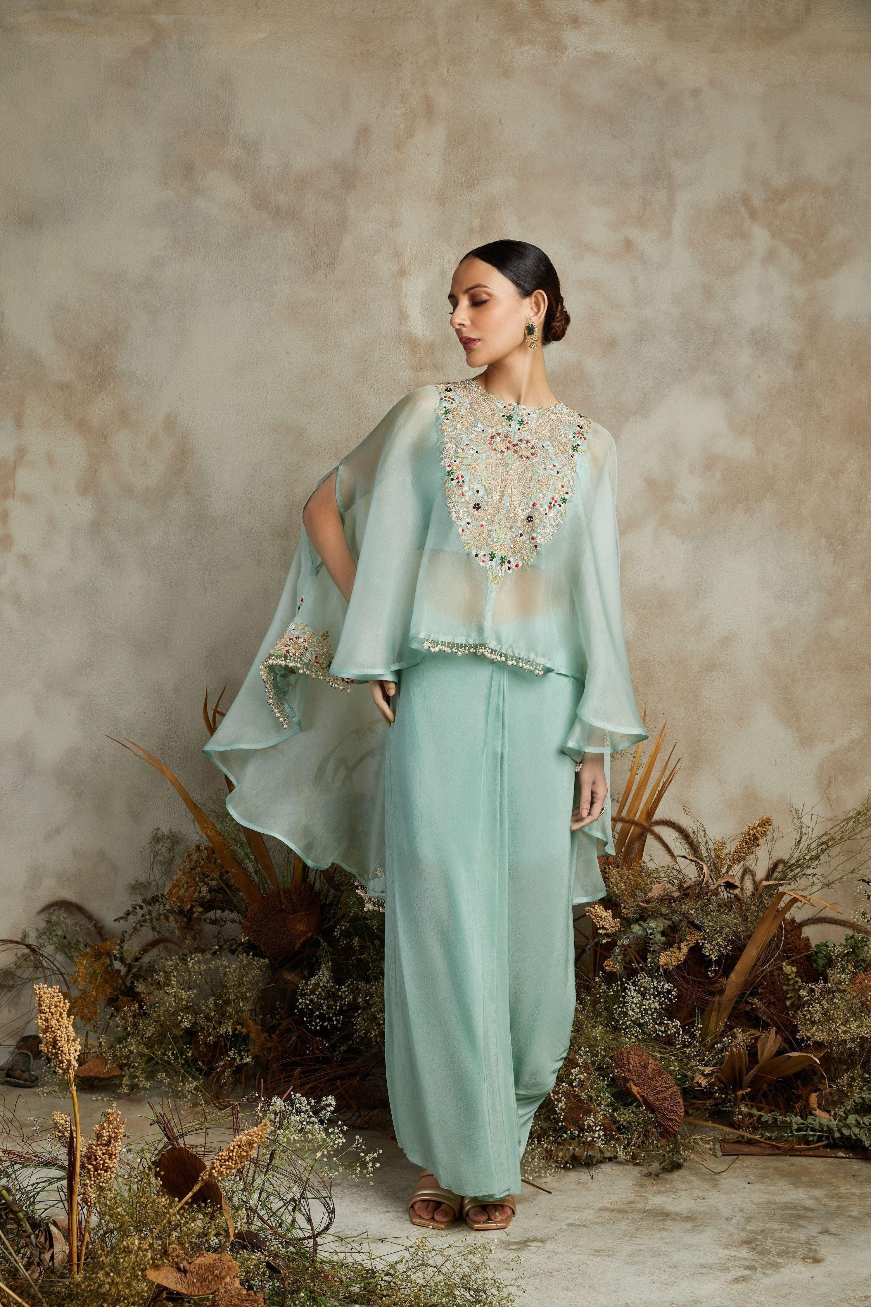 Aqua organza umbrella cape with silk bustier and crepe pants Mokshaa
