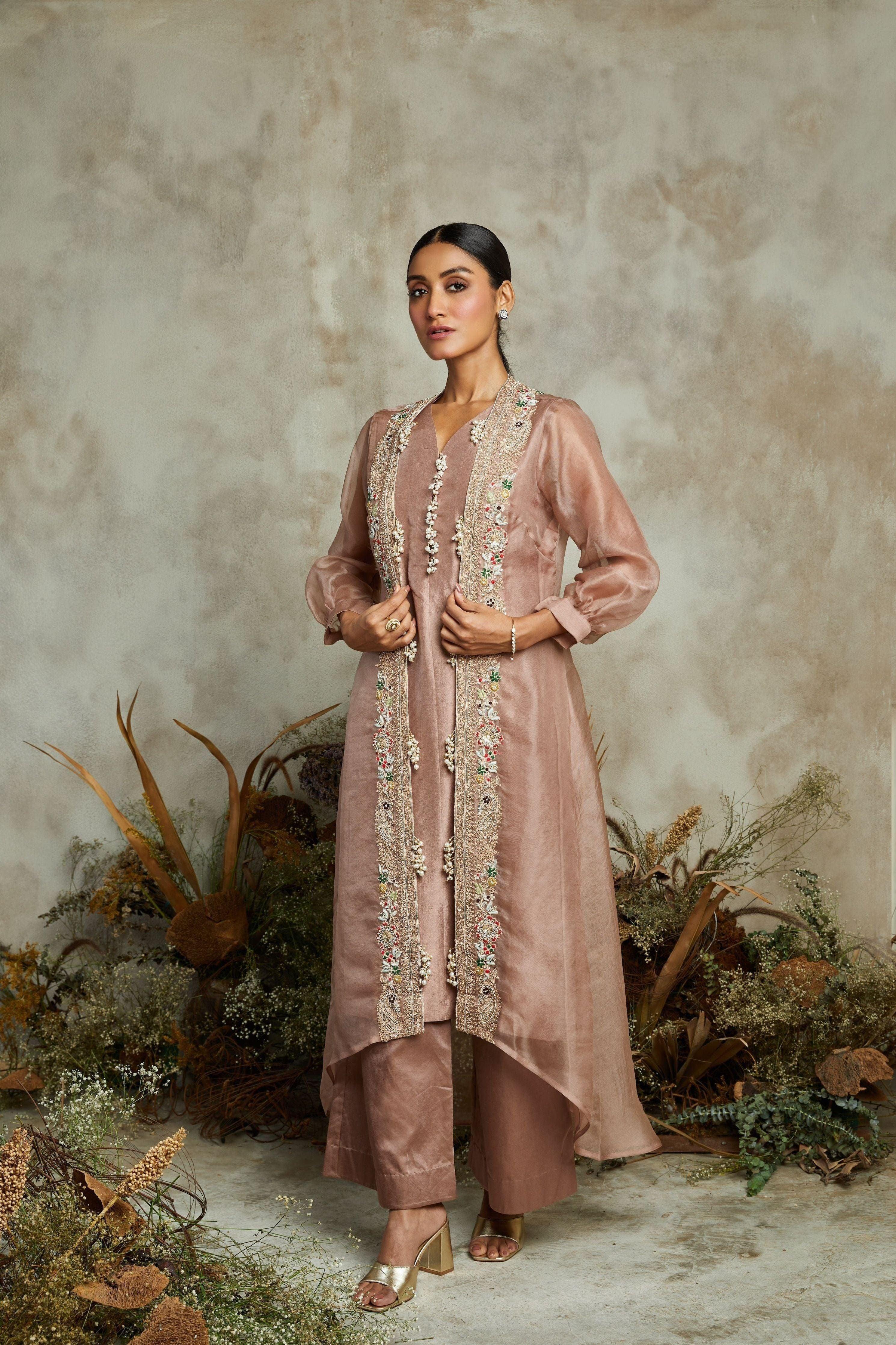 Amythst silk kurta with organza jacket and cotton pants  Mokshaa