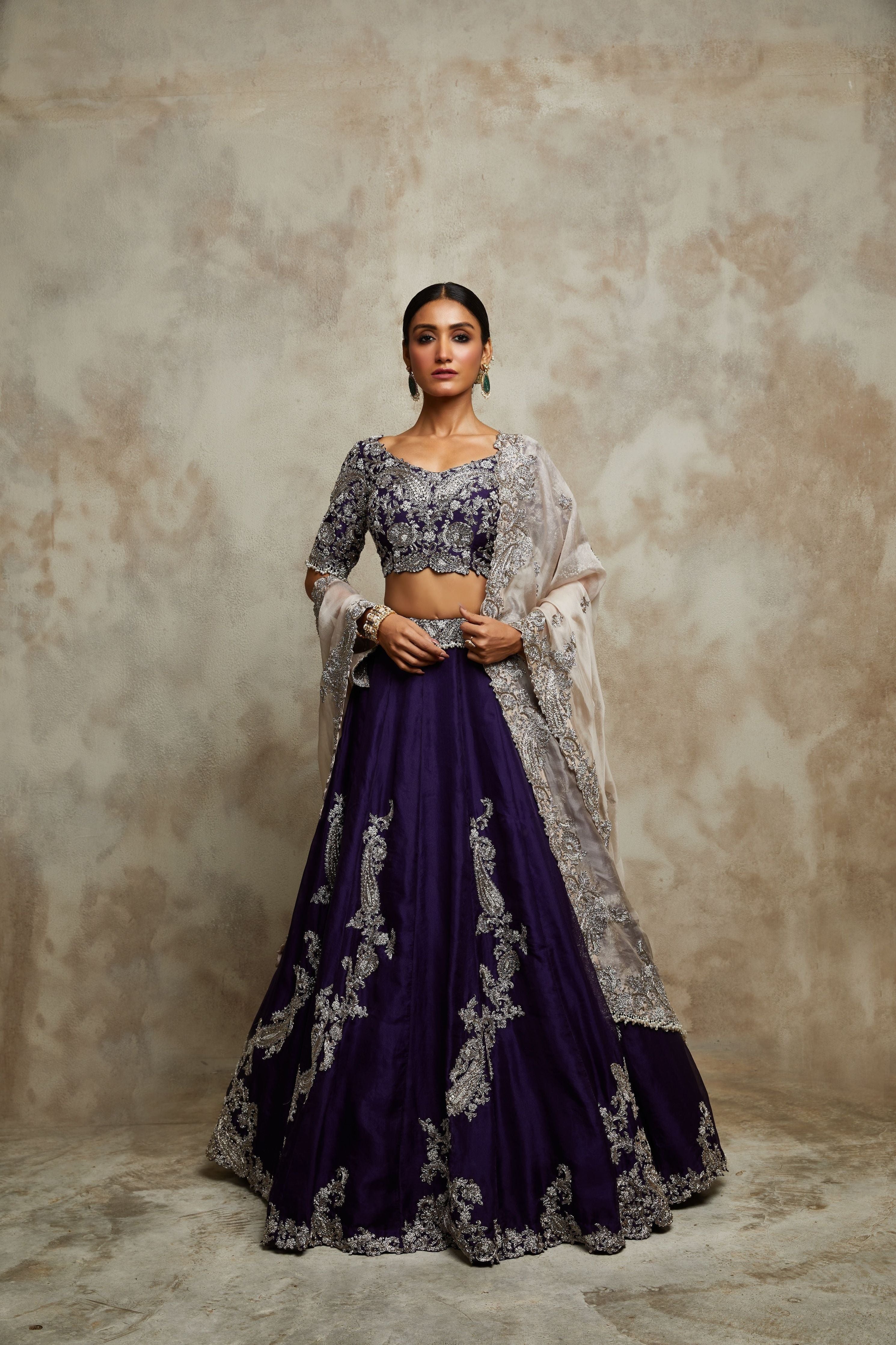 Dark aubergine silk blouse with organza lehenga and champagne organza dupatta Mokshaa