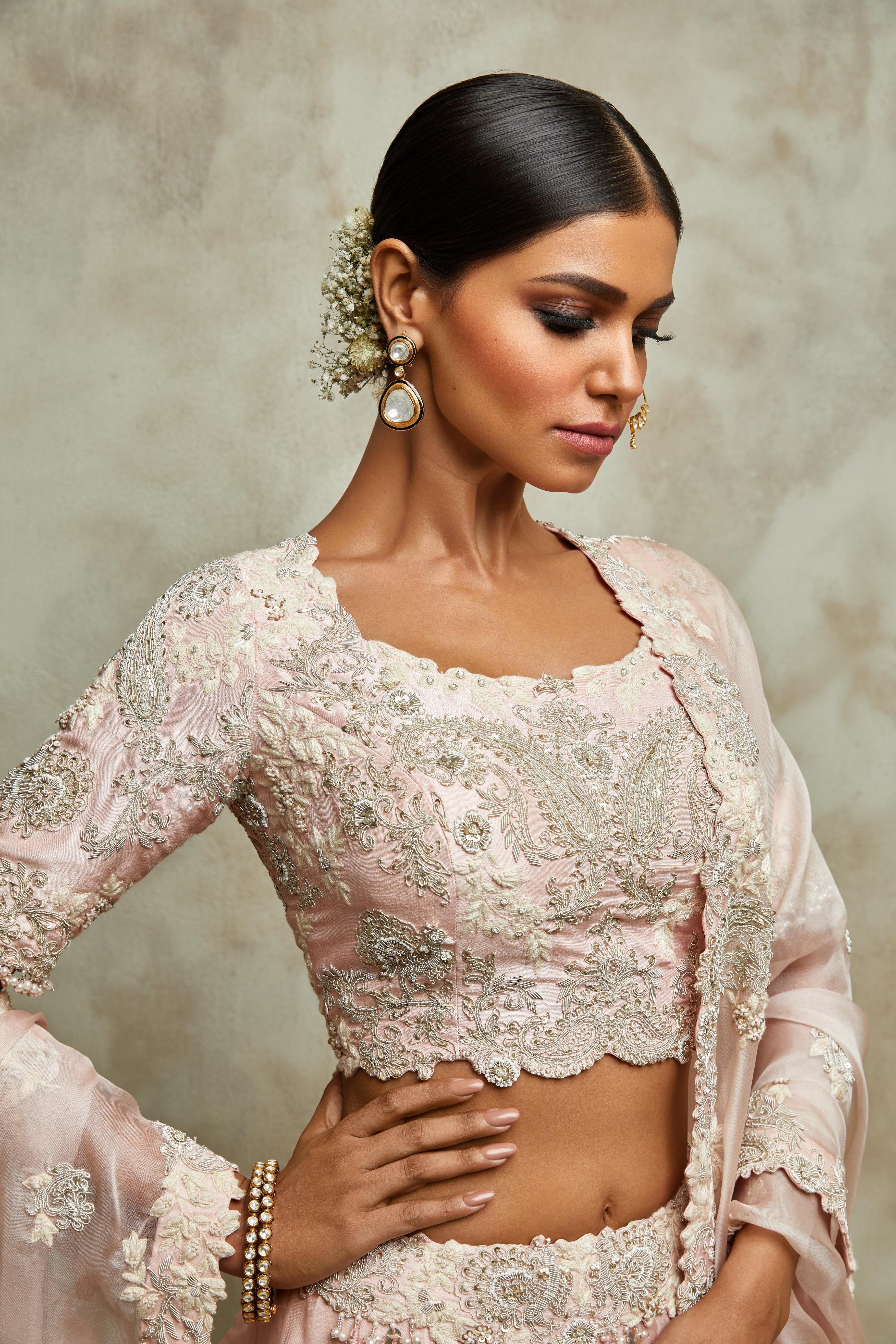 Flamingo silk blouse with organza lehenga and dupatta  Mokshaa