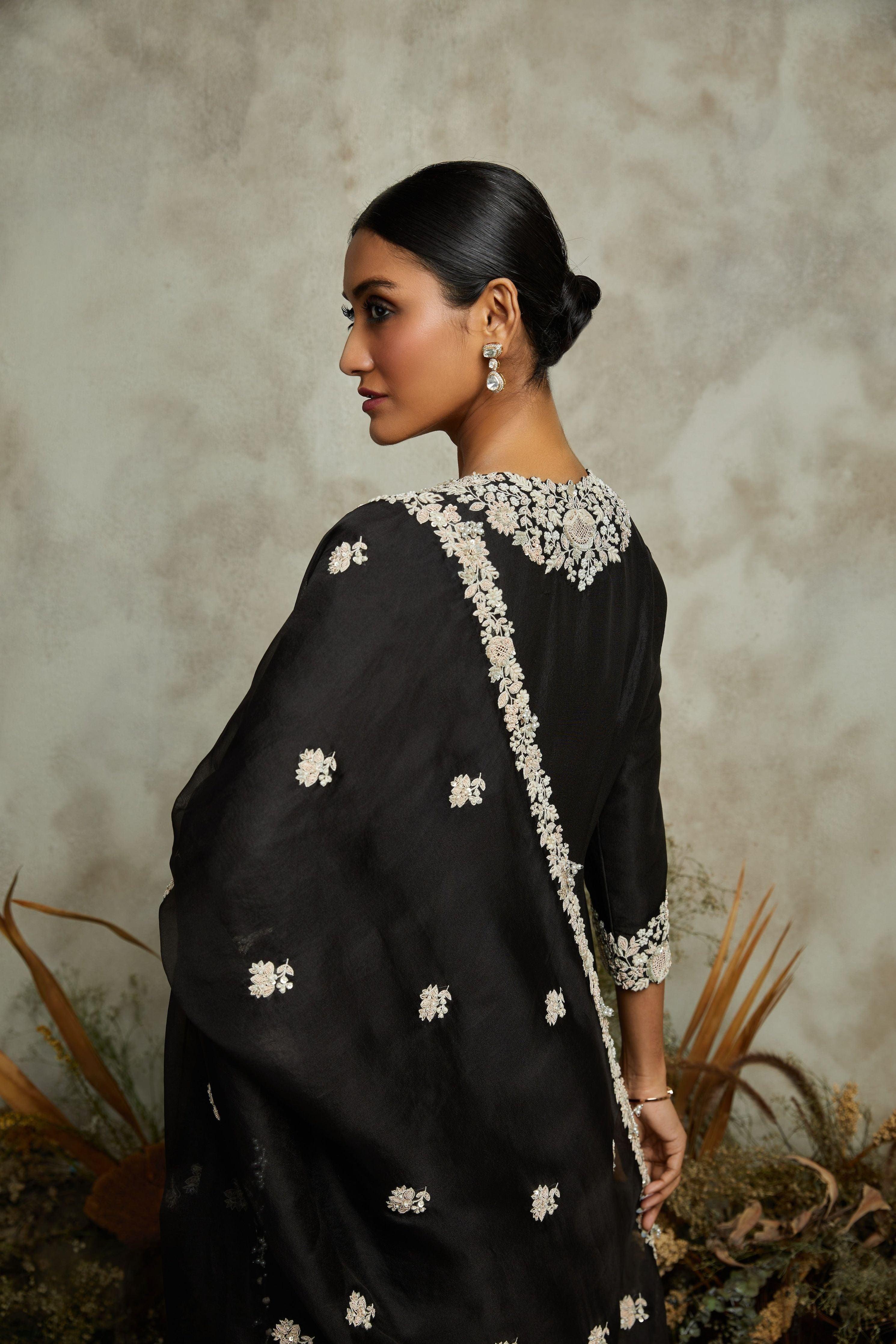 Black silk kurta with organza dupatta and cotton satin pants Mokshaa