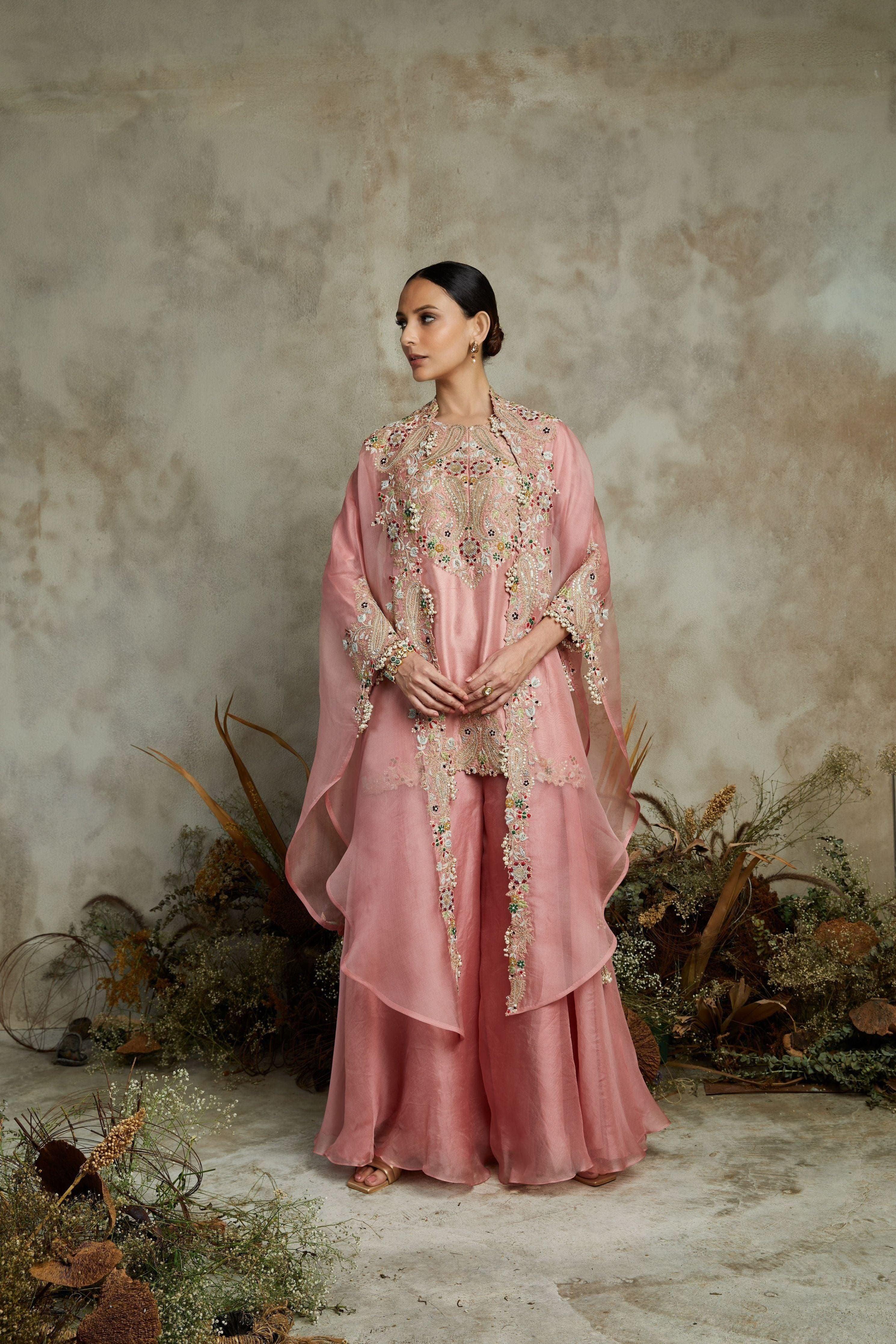 Pink silk kurta with organza cape and sharara Mokshaa