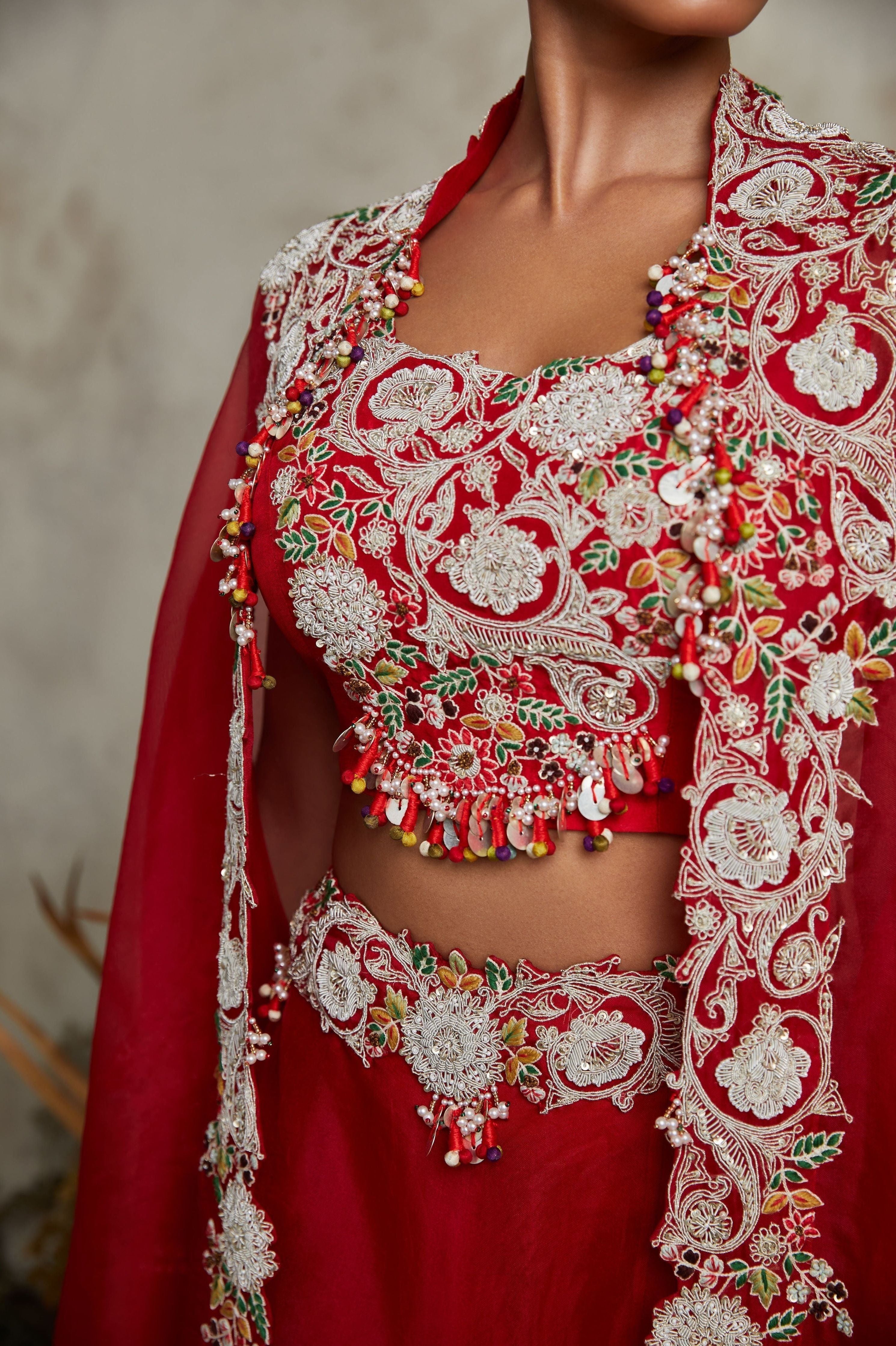 Blood red silk blouse with organza skirt and cape Mokshaa