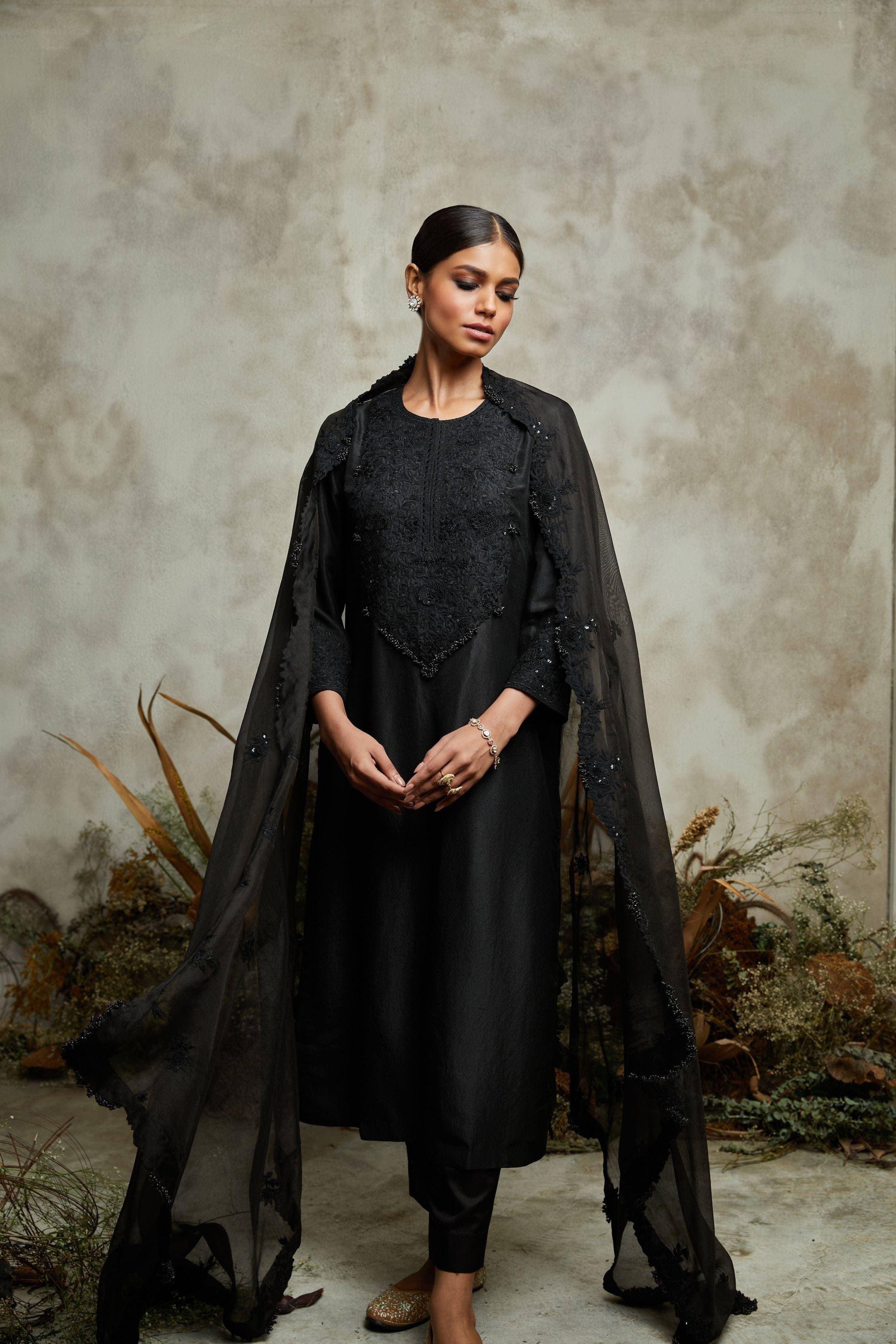 Black silk kurta with organza dupatta and cotton satin pants