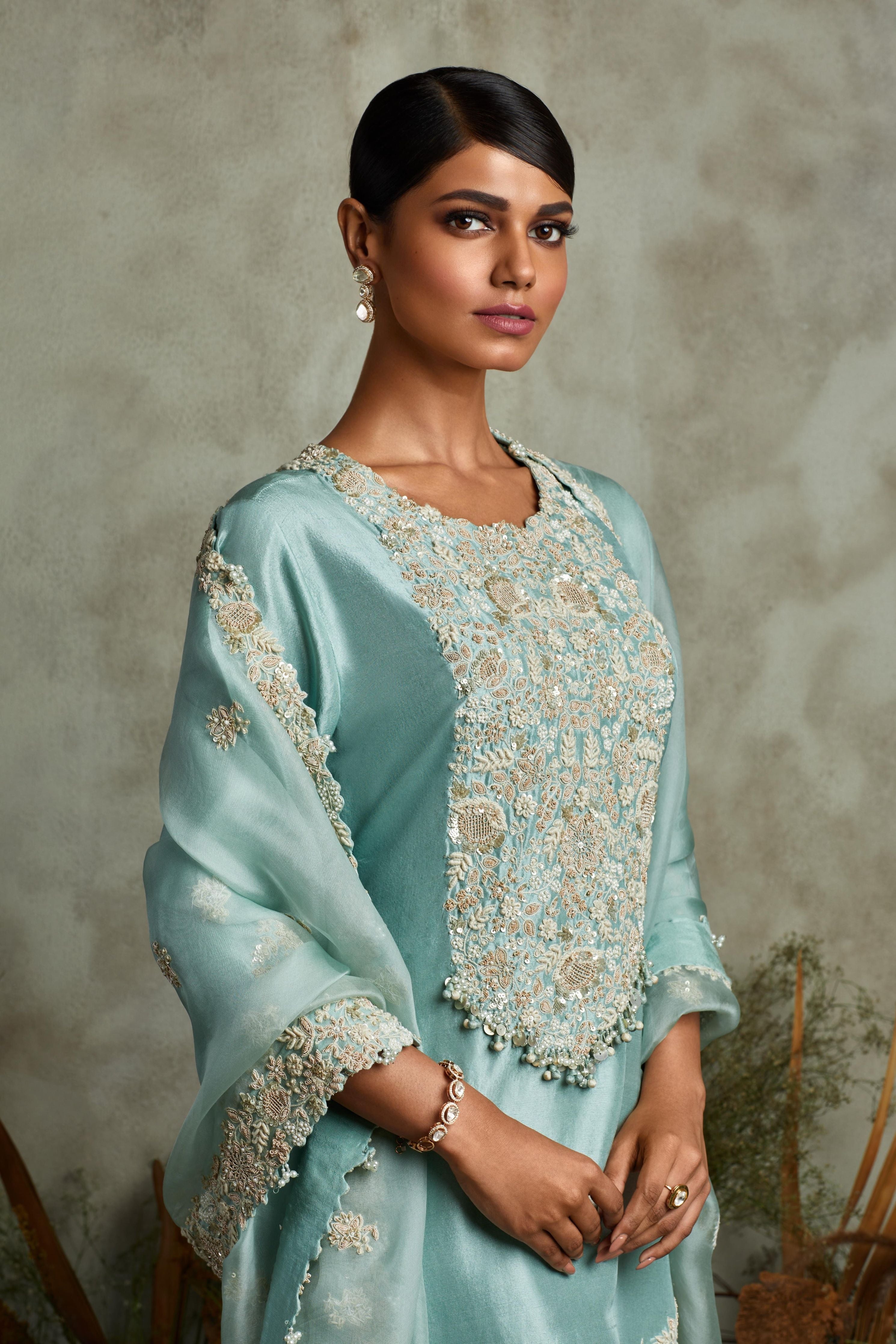 Aqua silk kurta with organza dupatta and sharara Mokshaa