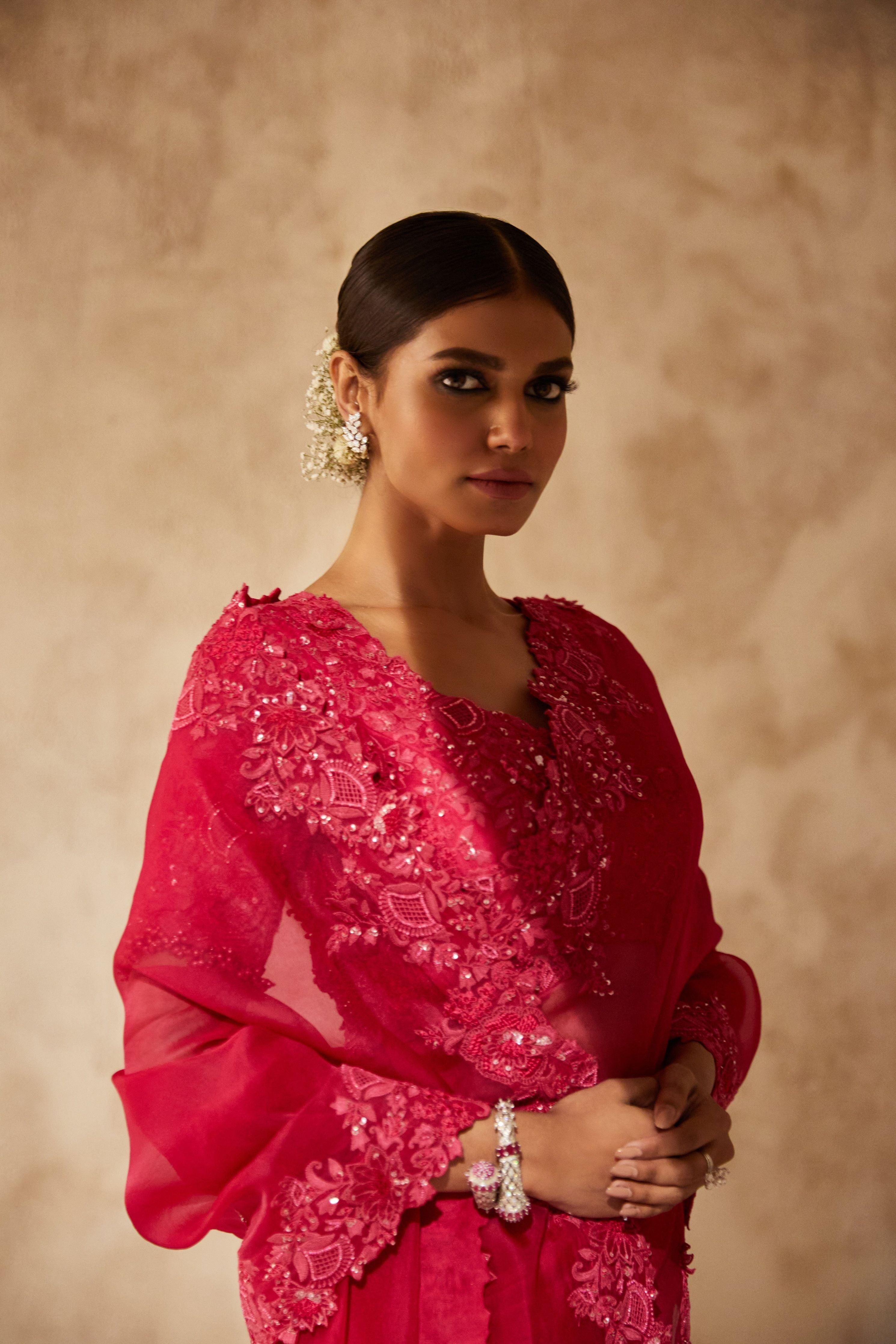 Fuscia Pink Organza Saree with Silk Blouse  Mokshaa