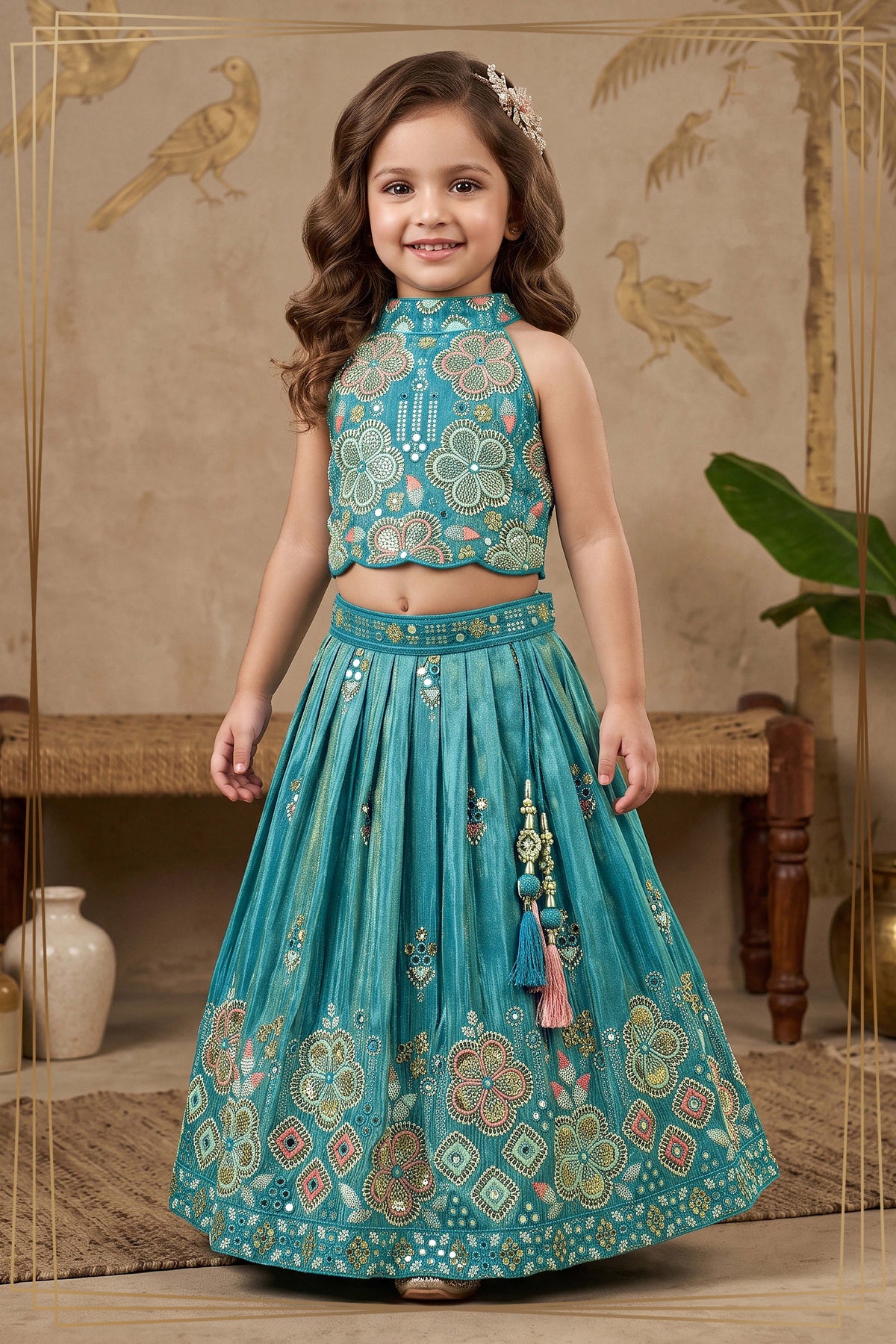 Teal Shimmer Floral Lehenga Set - Mokshaa
