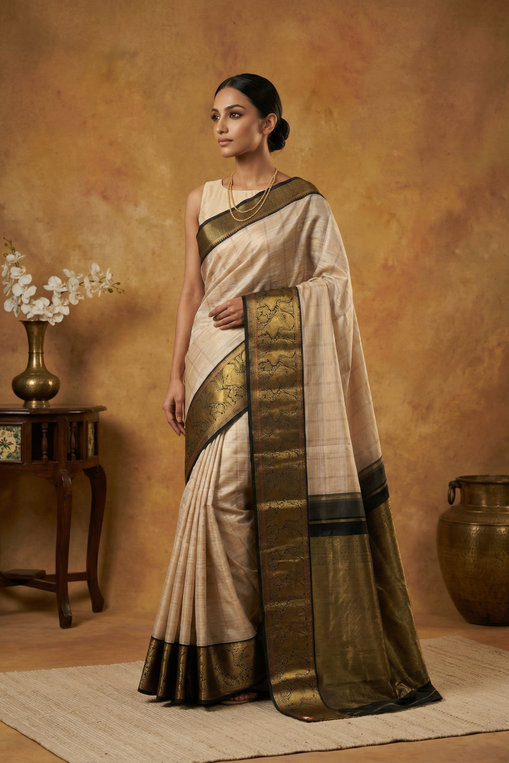 Beige Kanchivaram Silk Saree and Contrast Black Zari Border