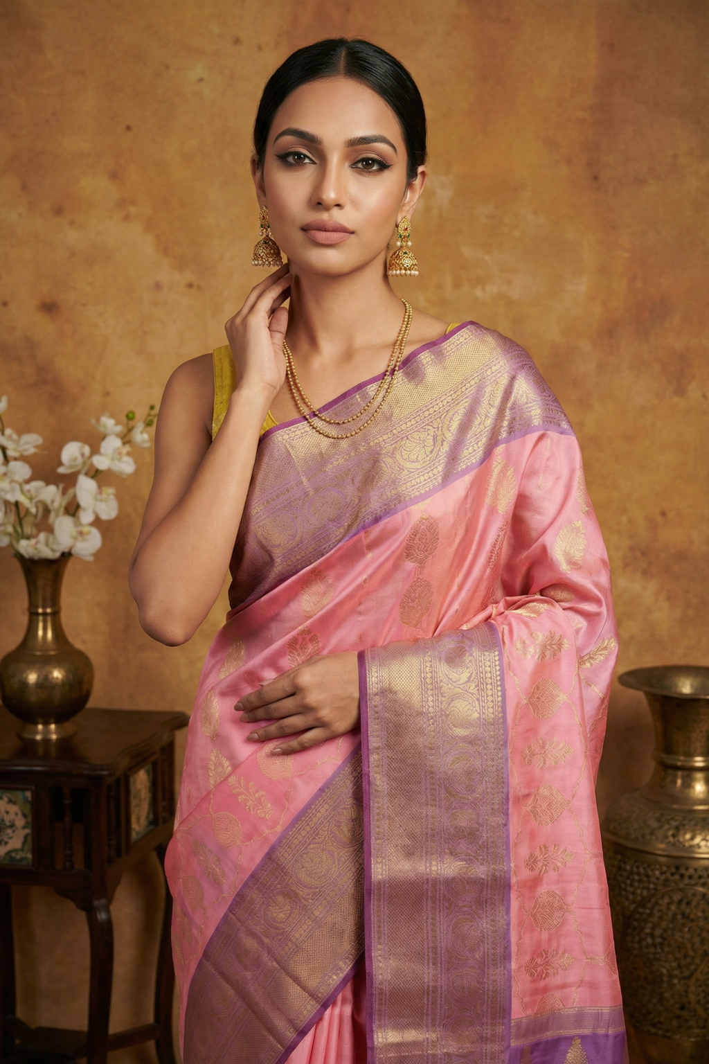 Light Pink Kanchivaram Silk Saree with Zari Woven Body Contrast Lavender Zari Border