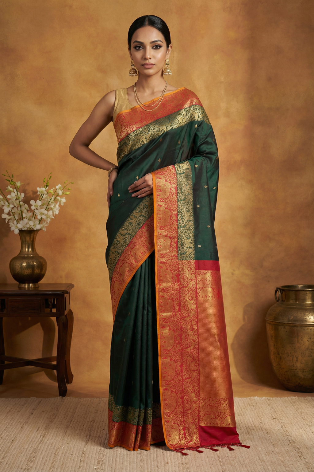 Bottle Green Kanchivaram Silk Saree with Gold Motifs and Elephant Contrast Border