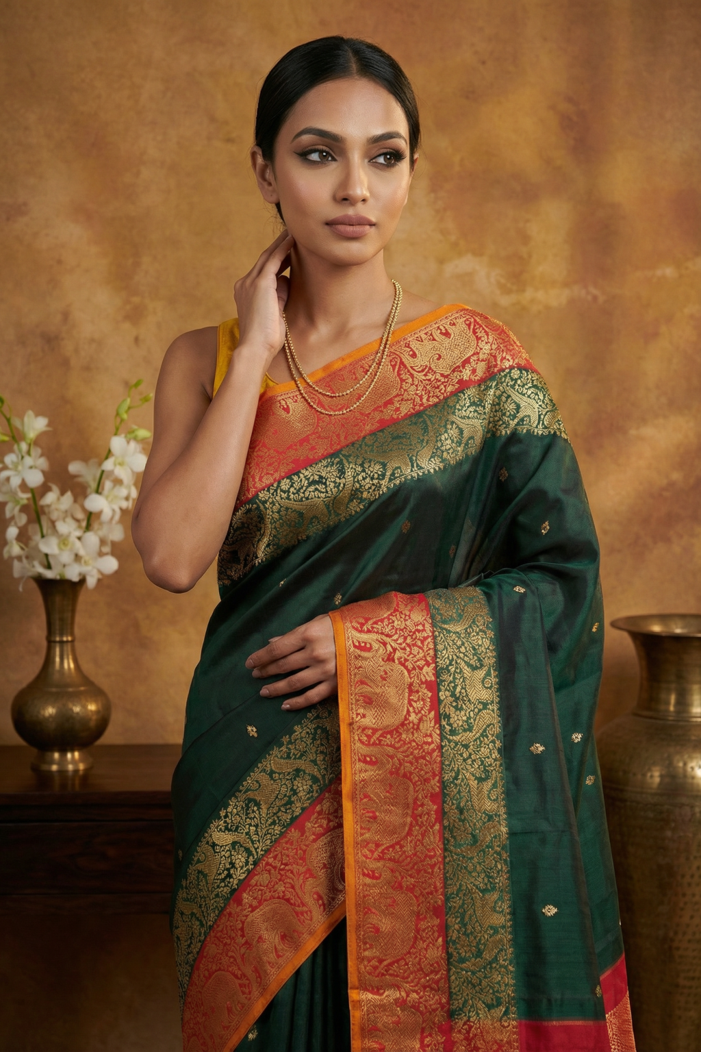 Bottle Green Kanchivaram Silk Saree with Gold Motifs and Elephant Contrast Border