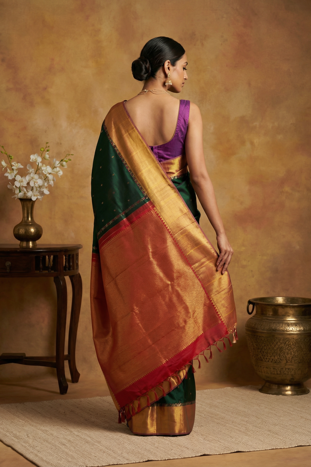 Bottle Green Kanchivaram Silk Saree with Gold Motifs and Contrast Tissue Border