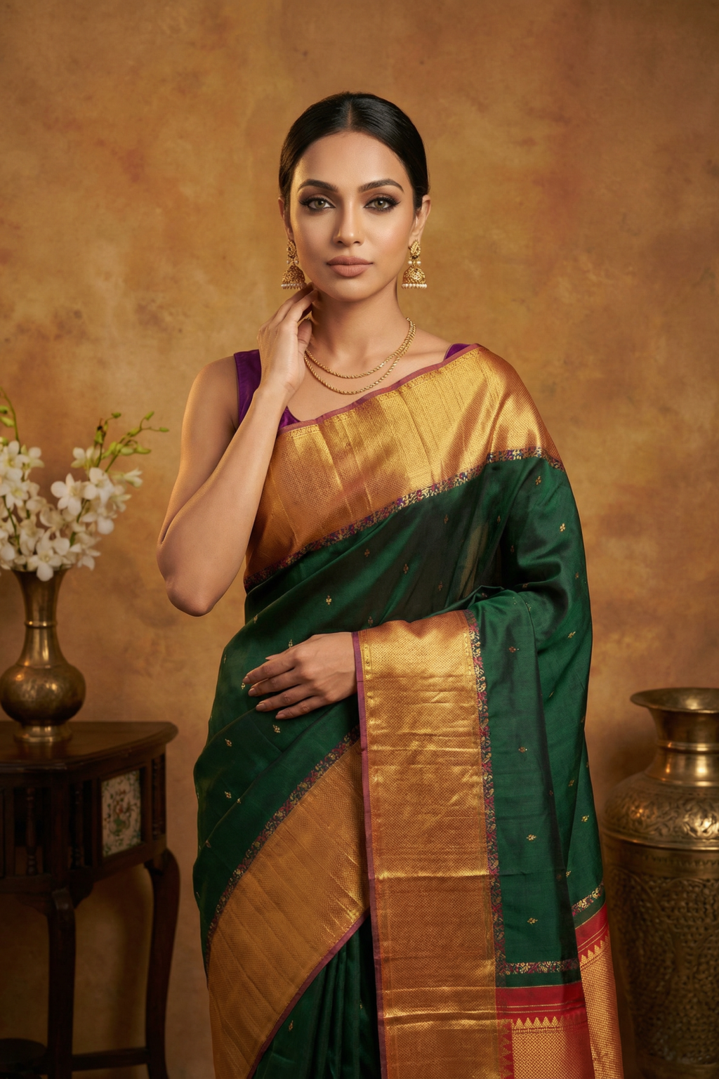 Bottle Green Kanchivaram Silk Saree with Gold Motifs and Contrast Tissue Border
