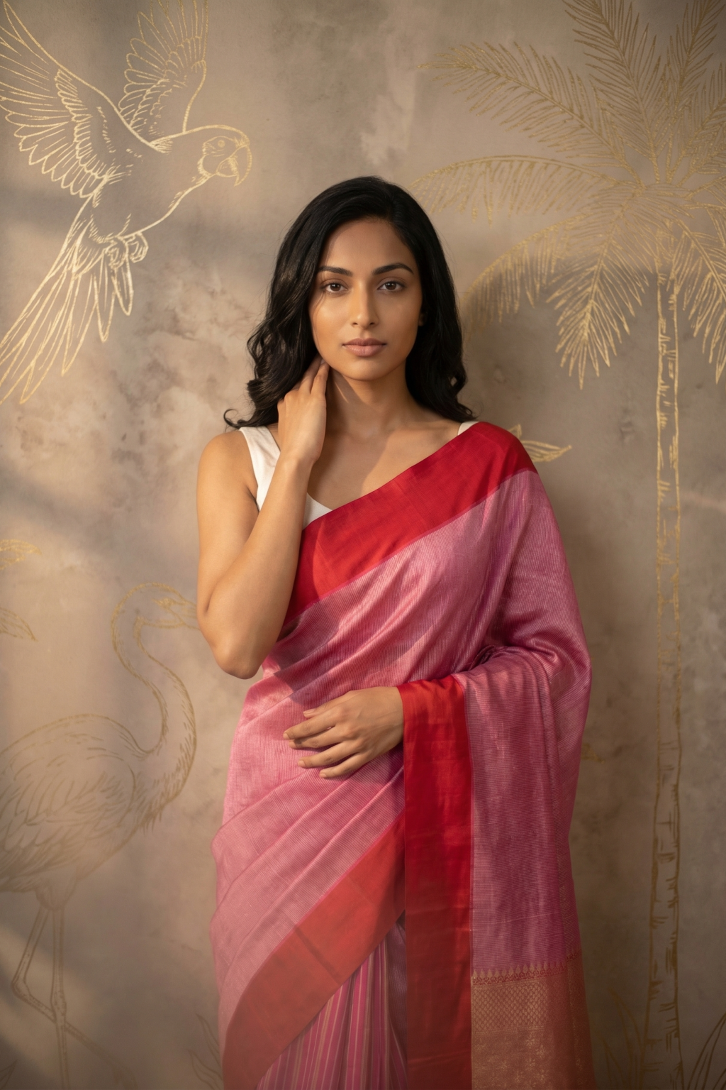 Blush Pink Tussar Georgette Banarasi Silk Saree with Red Satin Border