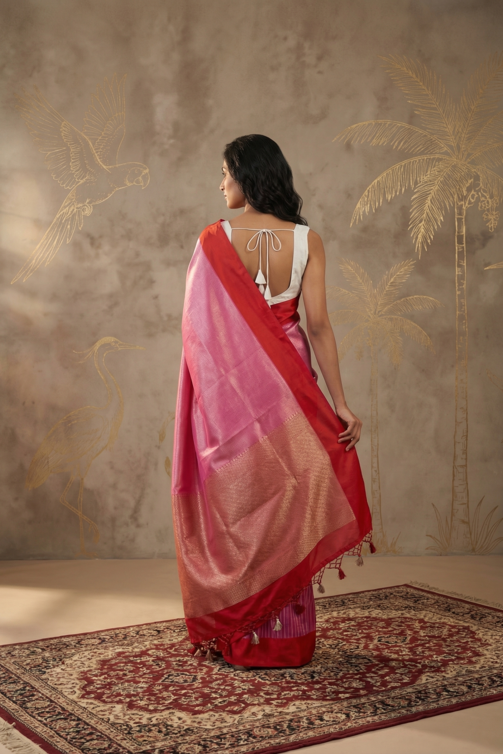 Blush Pink Tussar Georgette Banarasi Silk Saree with Red Satin Border