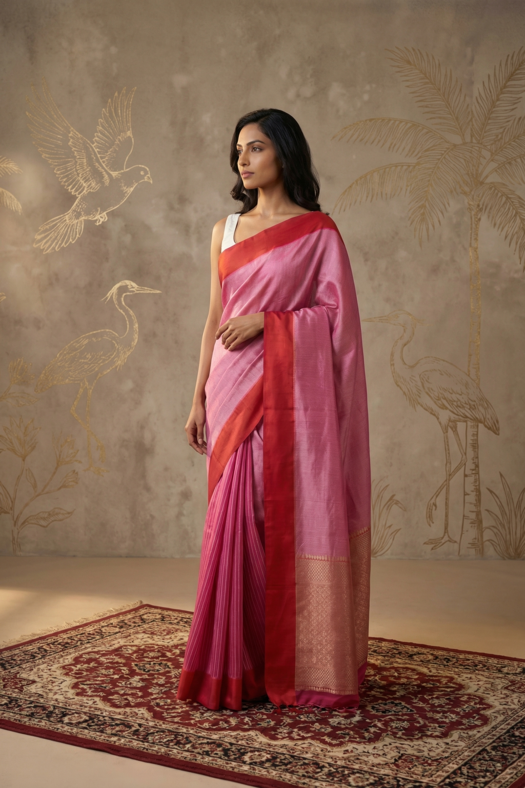 Blush Pink Tussar Georgette Banarasi Silk Saree with Red Satin Border