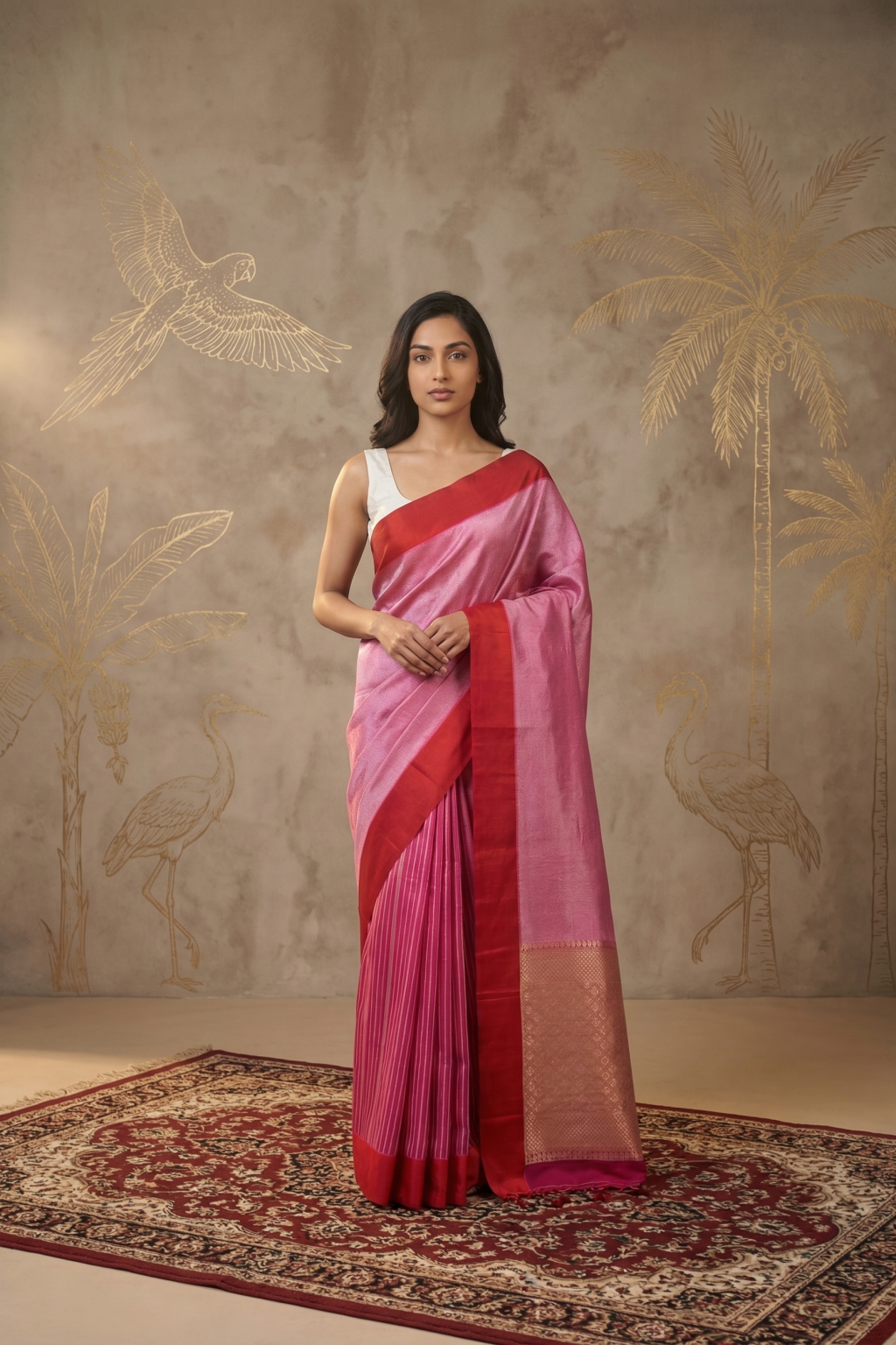 Blush Pink Tussar Georgette Banarasi Silk Saree with Red Satin Border