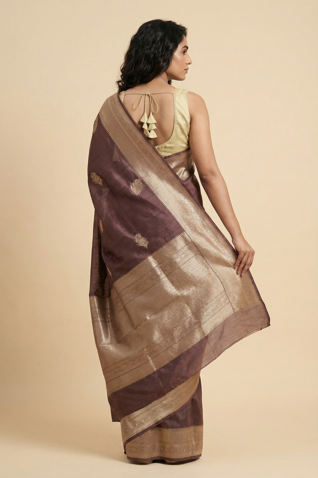 Chikko Linen Banaras Saree with All Over Buttis and Rich Zari Border