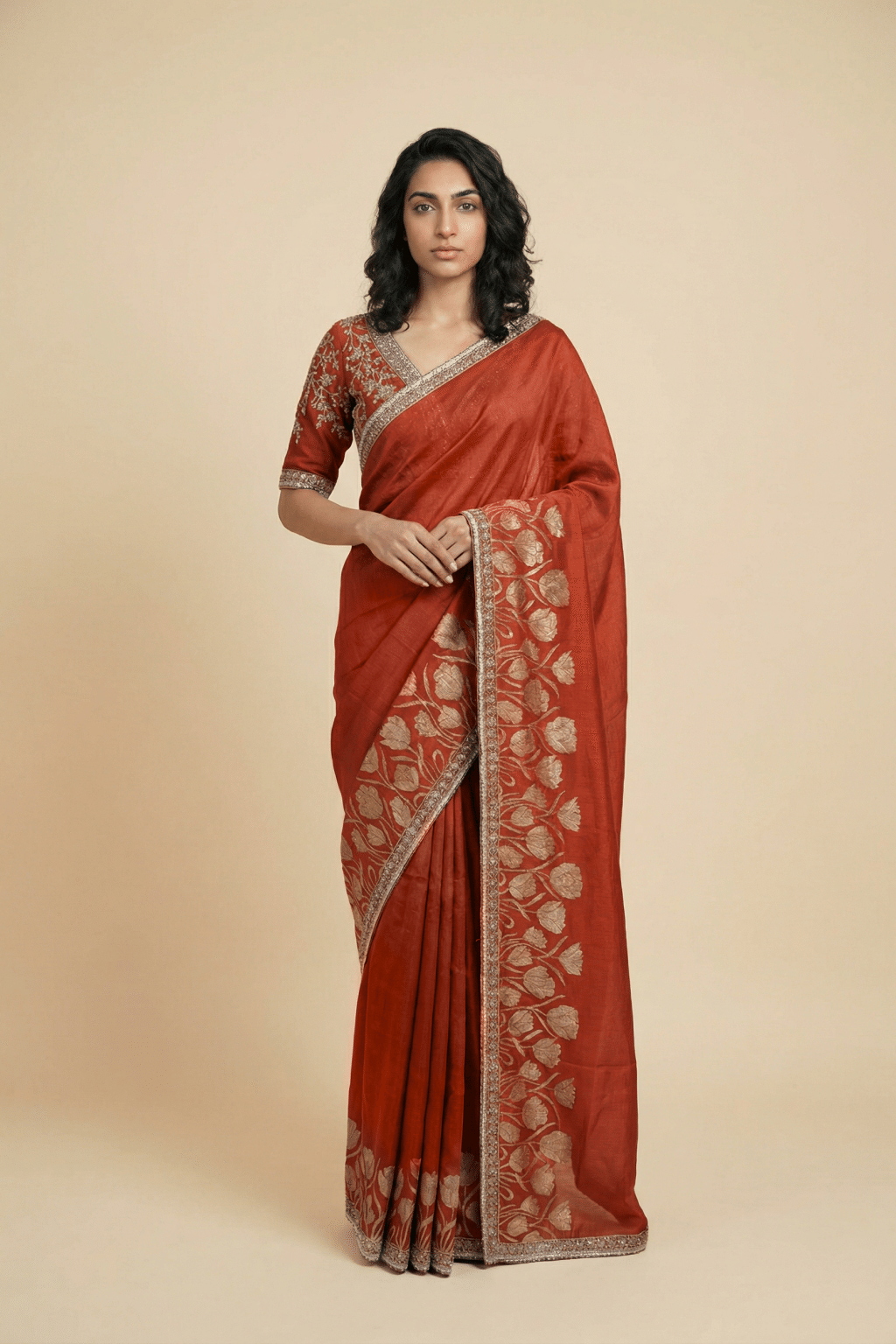 Rust Orange Tussar Georgette Saree