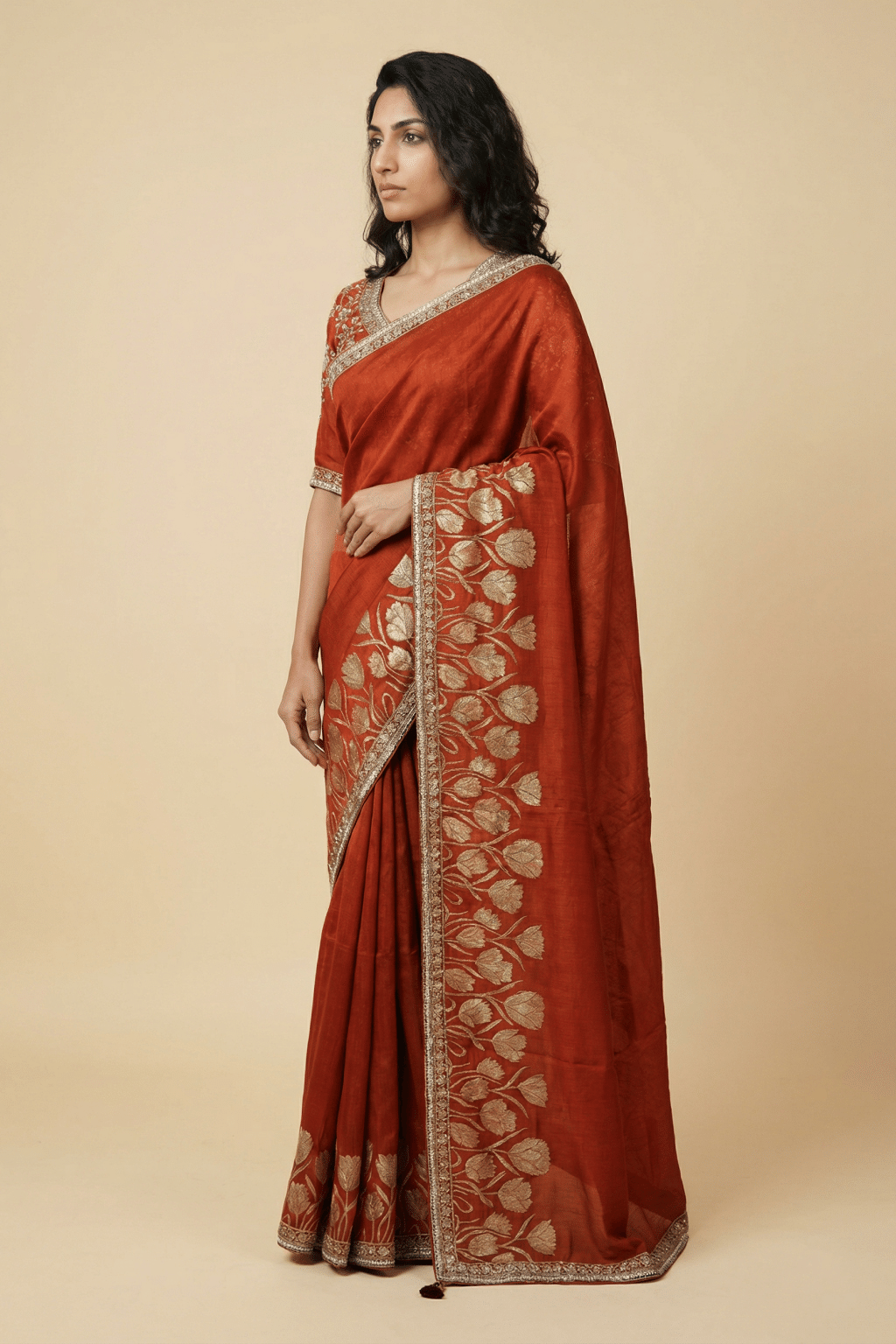Rust Orange Tussar Georgette Saree