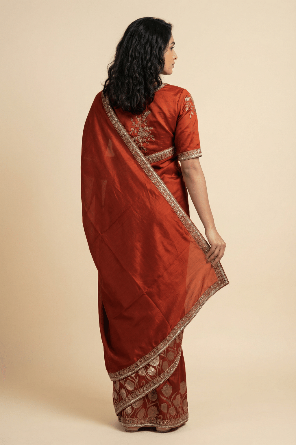Rust Orange Tussar Georgette Saree