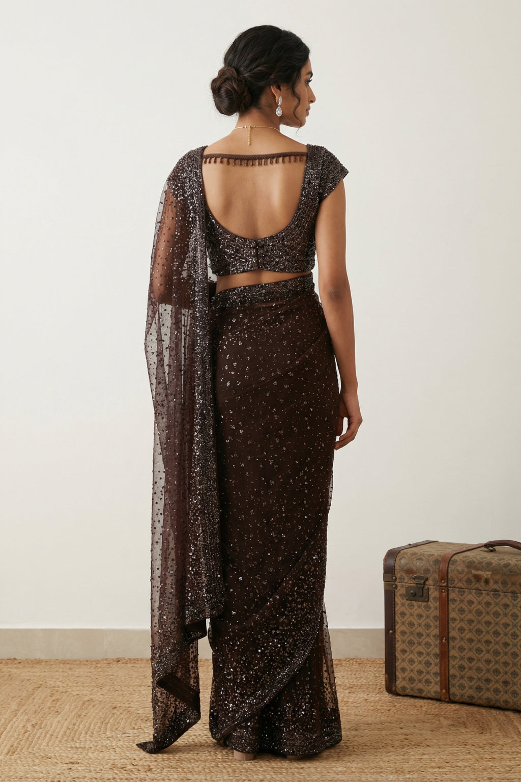 Brown Net Saree with All-Over Sequins and Gunmetal Border with Ready Blouse