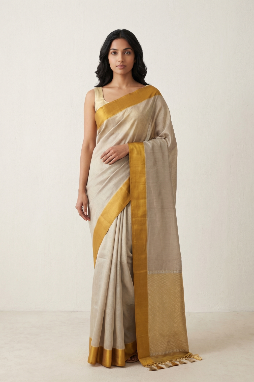 Ash Tussar Georgette Banarasi Silk Saree with Mustard Satin Border