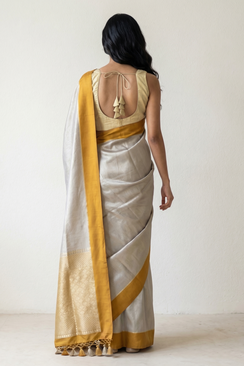 Ash Tussar Georgette Banarasi Silk Saree with Mustard Satin Border