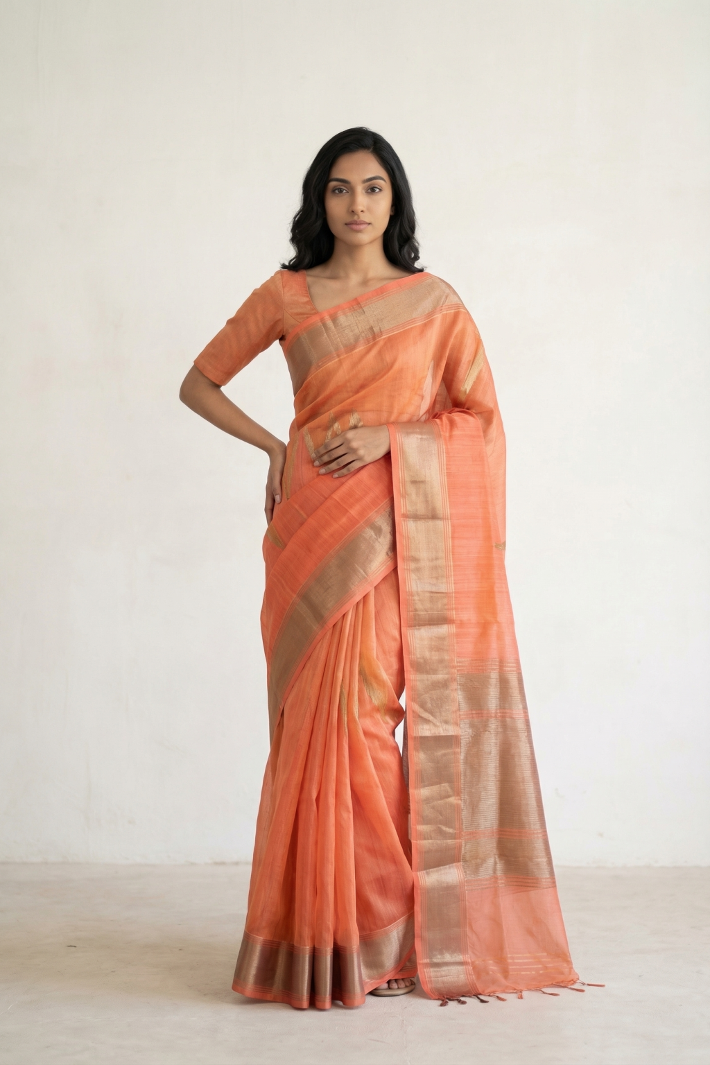 Dark Peach Banarasi Kora Silk Saree