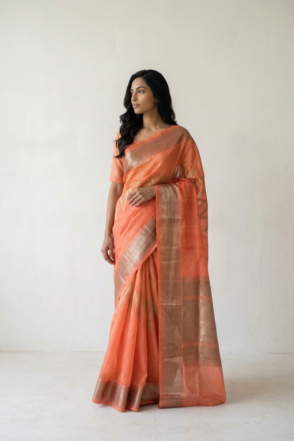 Dark Peach Banarasi Kora Silk Saree