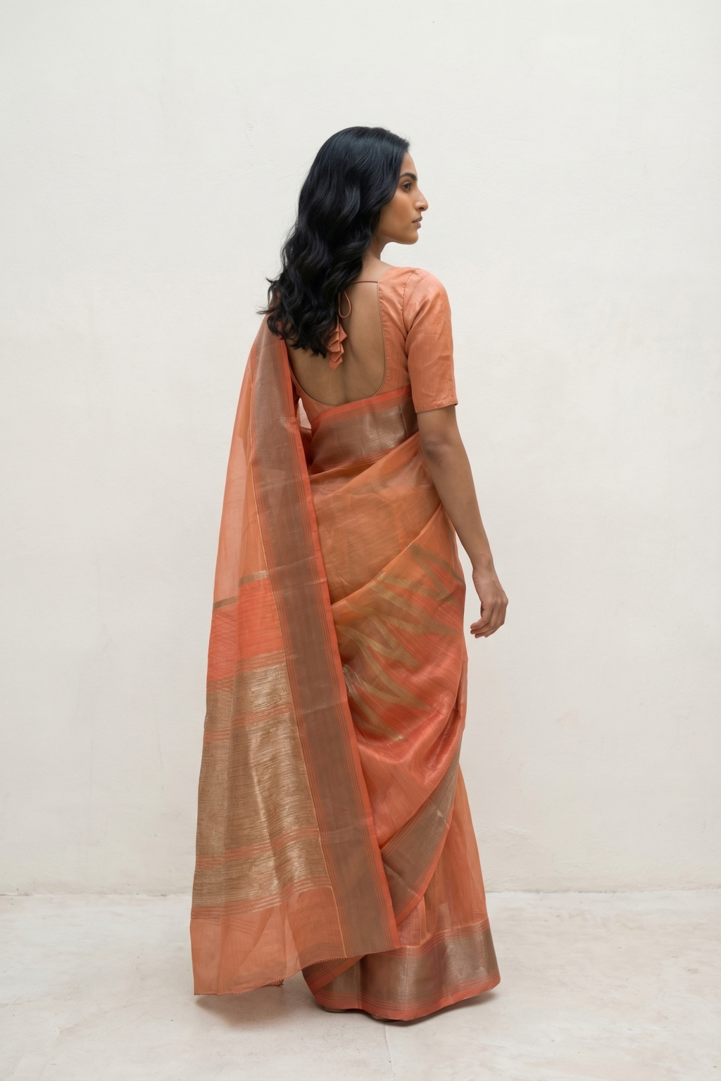 Dark Peach Banarasi Kora Silk Saree