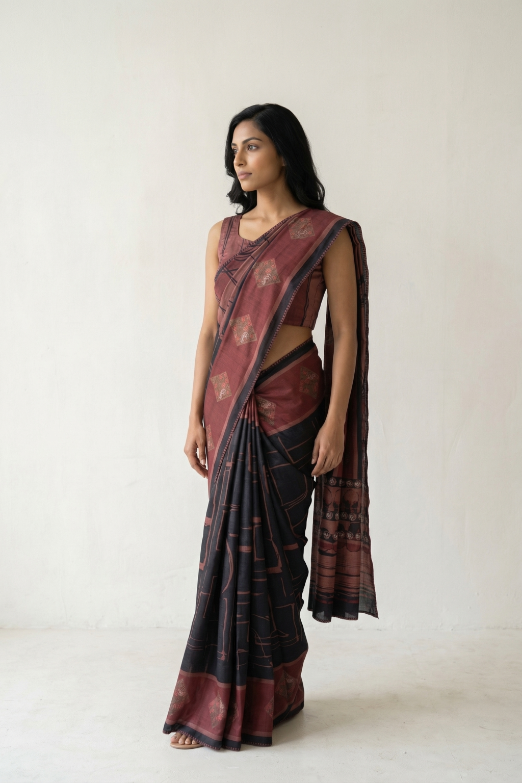 Multicolor Tussar Saree with Digital Print & Kantha Embroidery Border