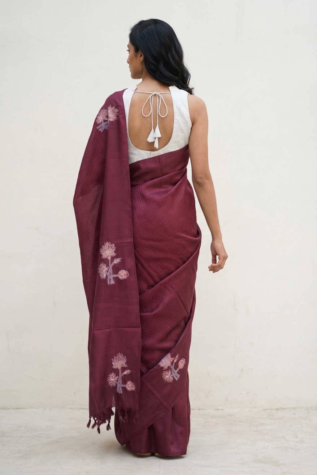 Wine Tussar Silk Saree with All Over Zari Weaving and Floral Butta Border