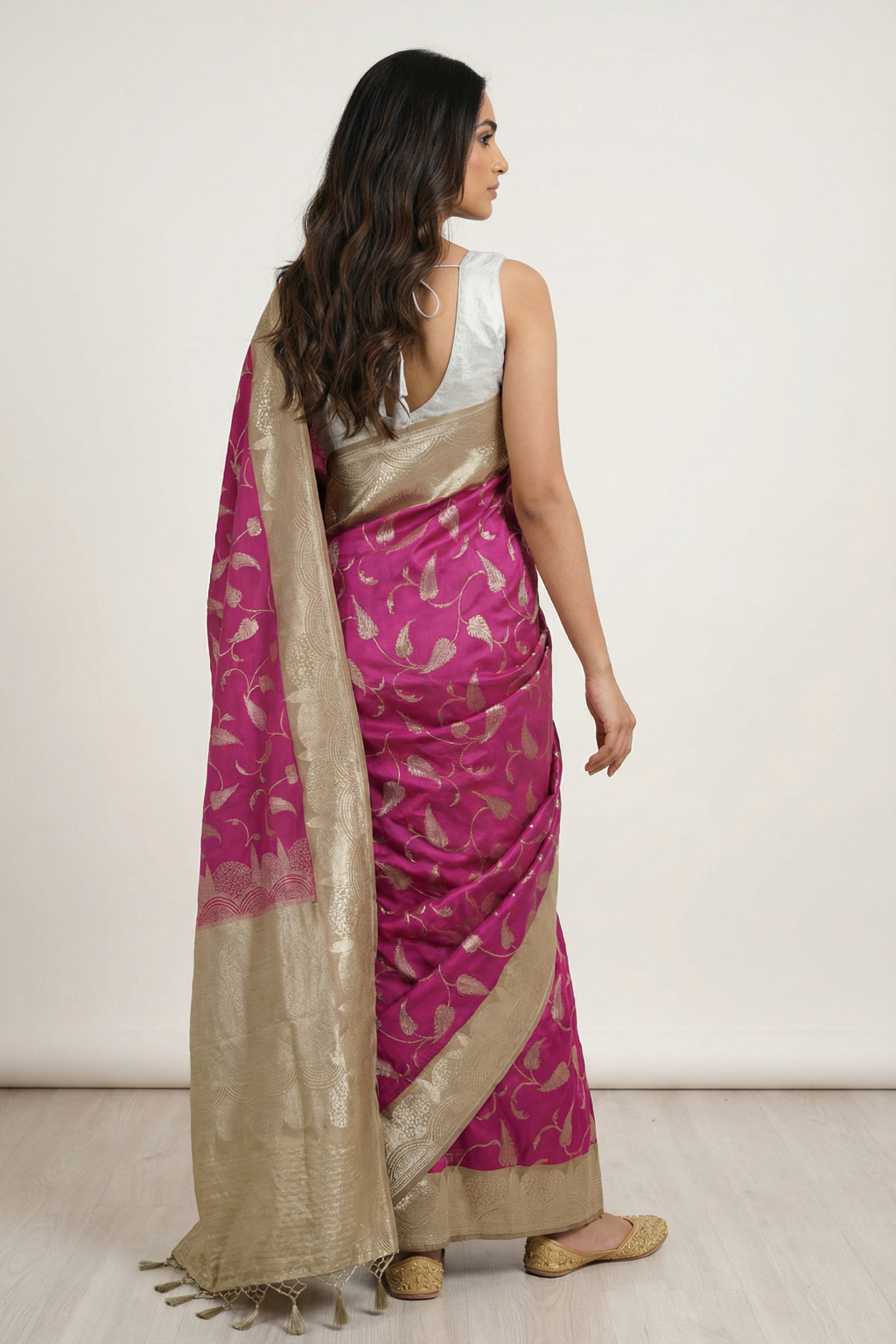 Rani Pink Banarasi Silk Saree with Zari Jaal Work & Contrast Rich Border