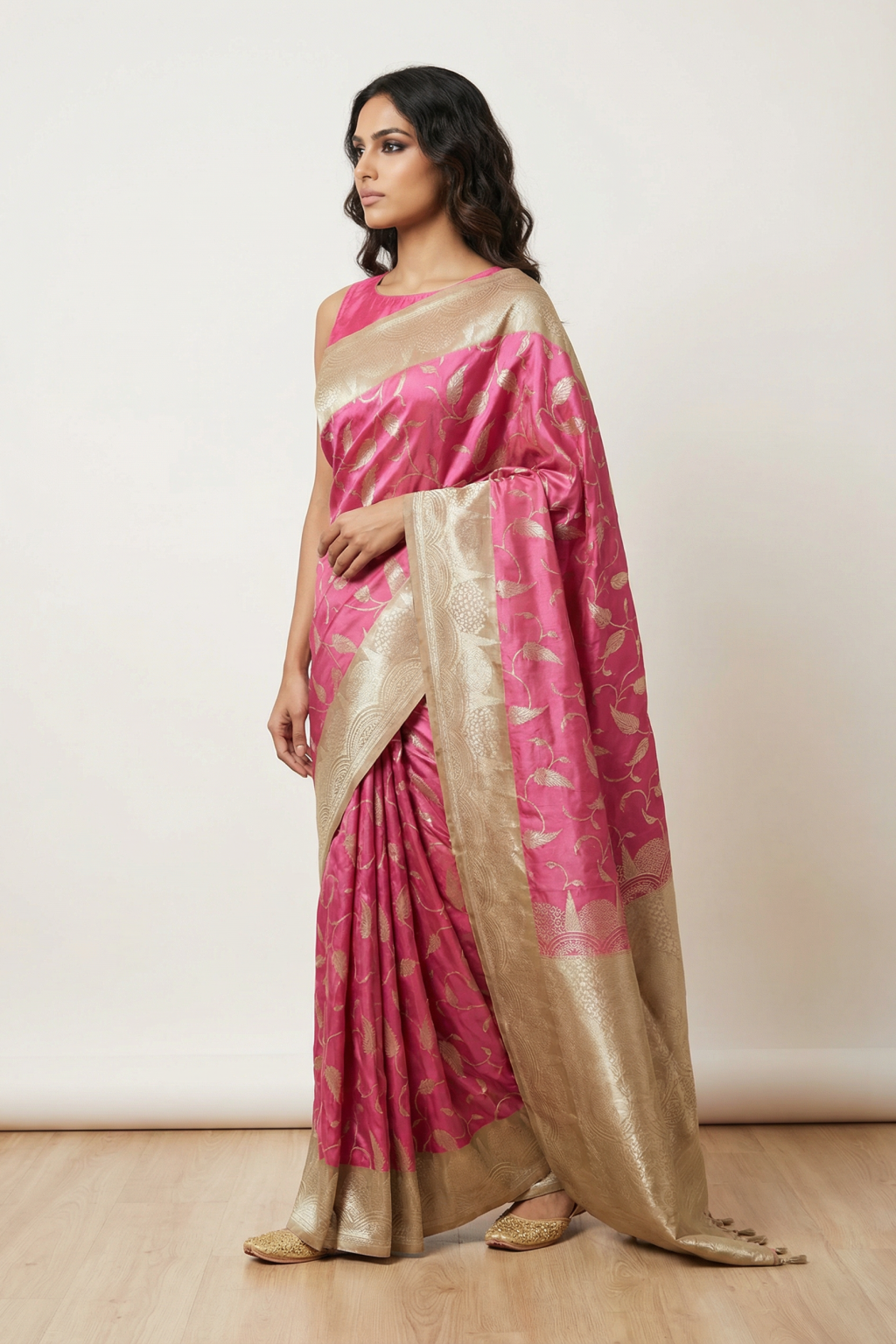 Rani Pink Banarasi Silk Saree with Zari Jaal Work & Contrast Rich Border