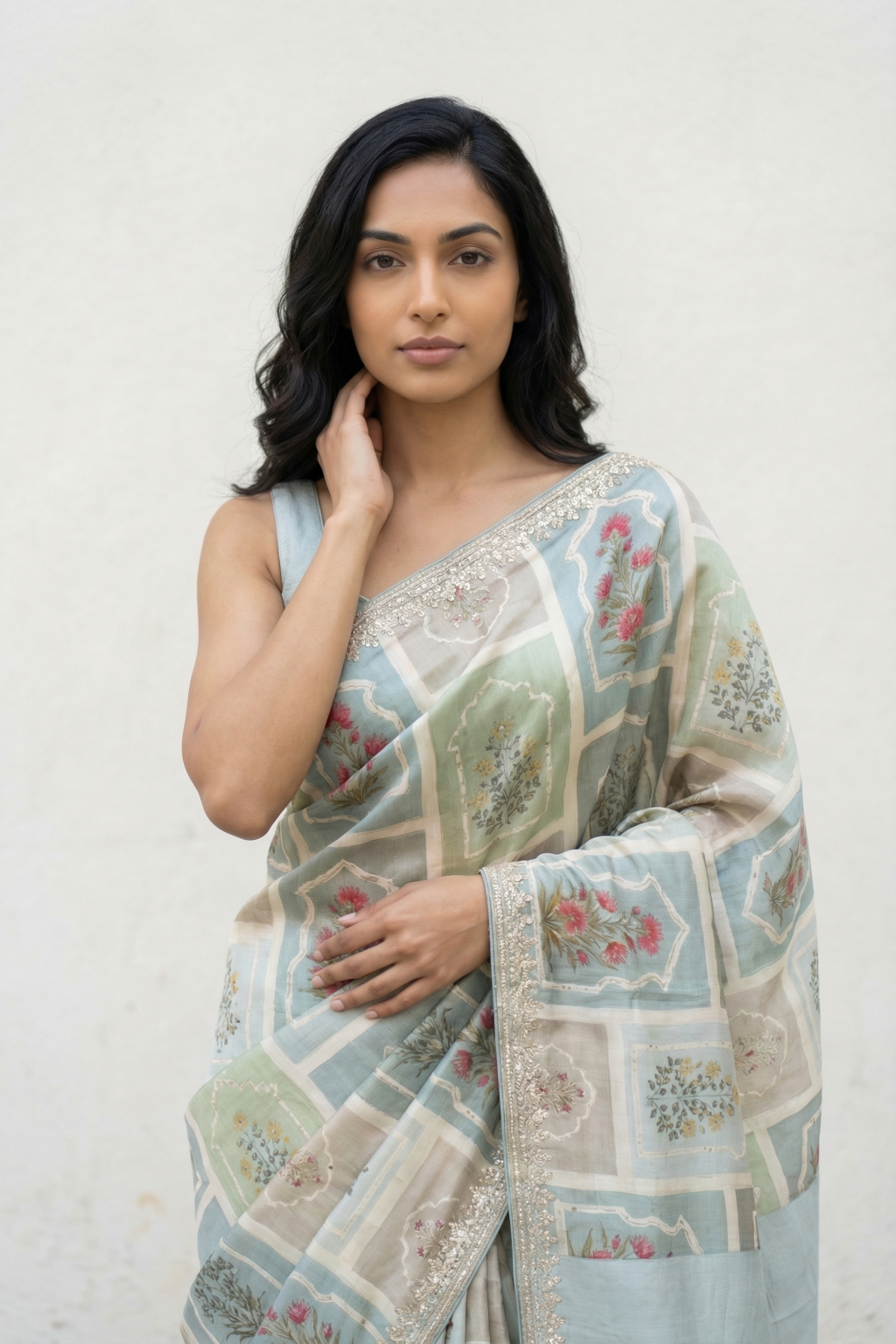 Light Blue Printed Tussar Silk Saree with Sequins & Aari Work