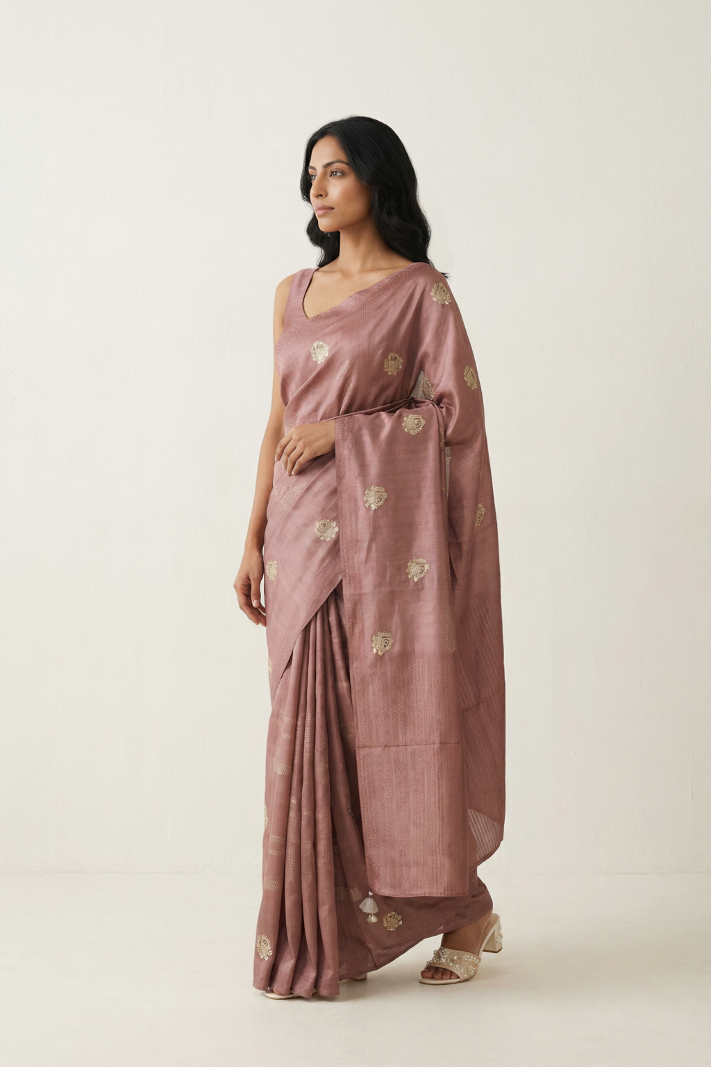 Dusty Peach Tussar Saree with Kantha Embroidery
