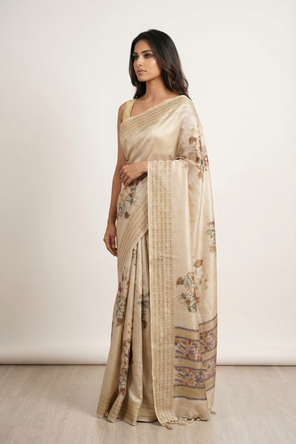 Beige Tussar Silk Saree with Floral Prints & Katha Work Border