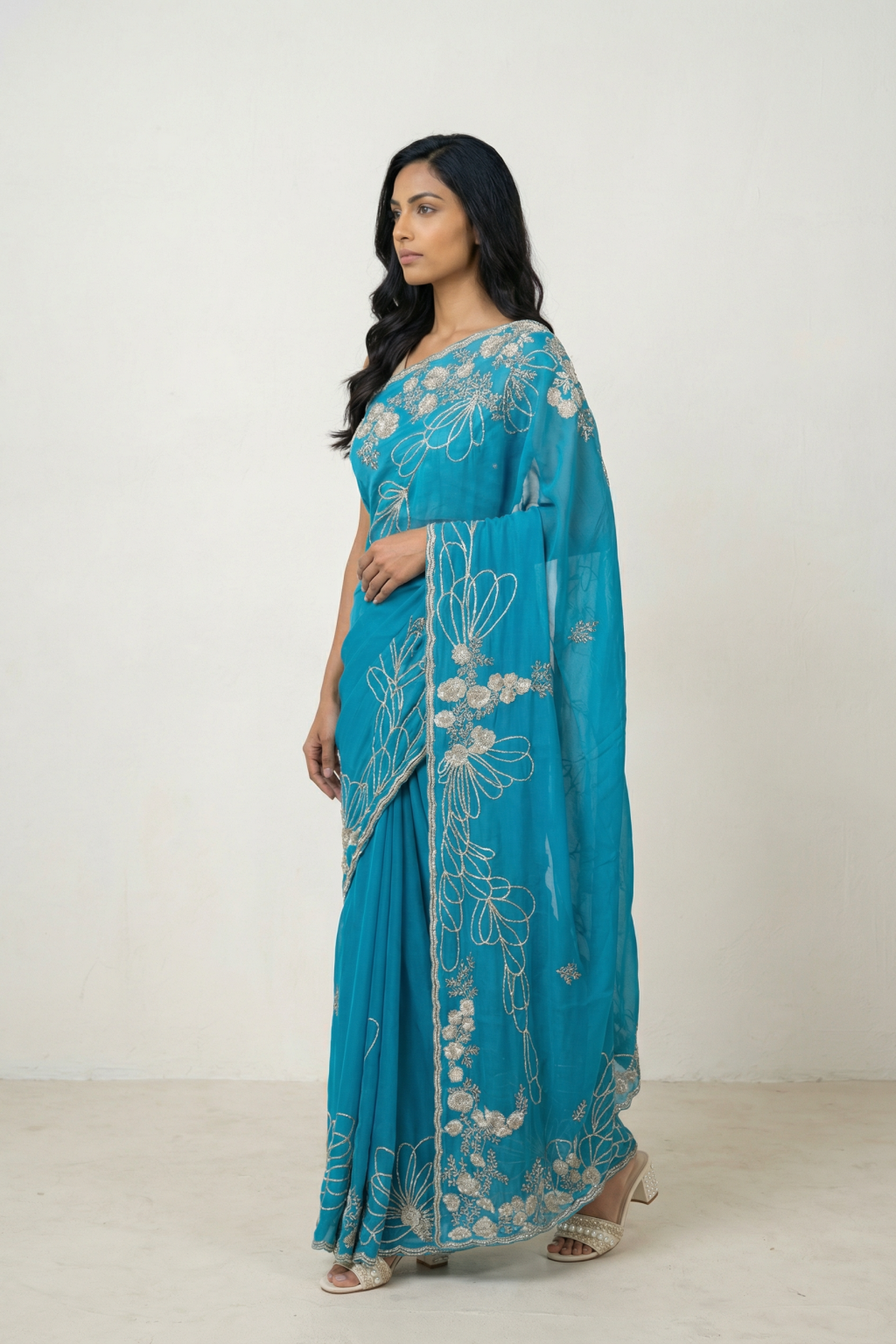 Turquoise Blue Silk Georgette Saree with Sequin & Bead Embroidery and Designer Blouse