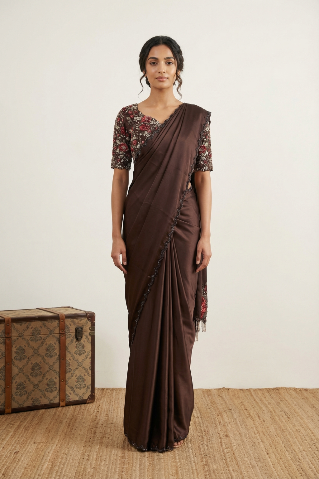 Brown Satin Silk Designer Saree