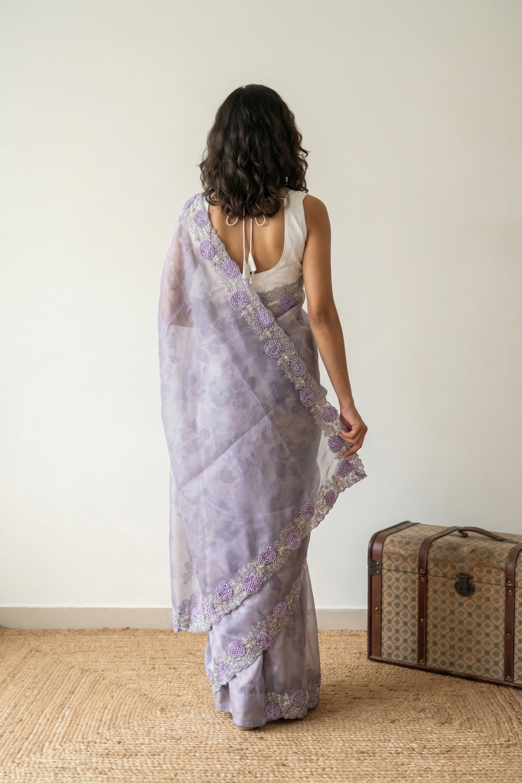 Violet Blue Organza Tissue Saree with Self Print and Pearl Bead Work Border