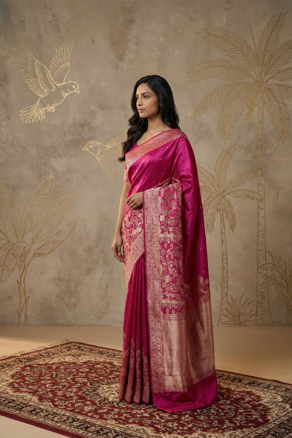 Rani Pink Banarasi Satin Silk Saree with Zari Motifs and Ornate Border