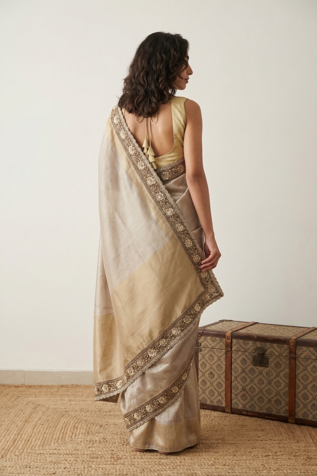 Grey Gold Handloom Tissue Saree